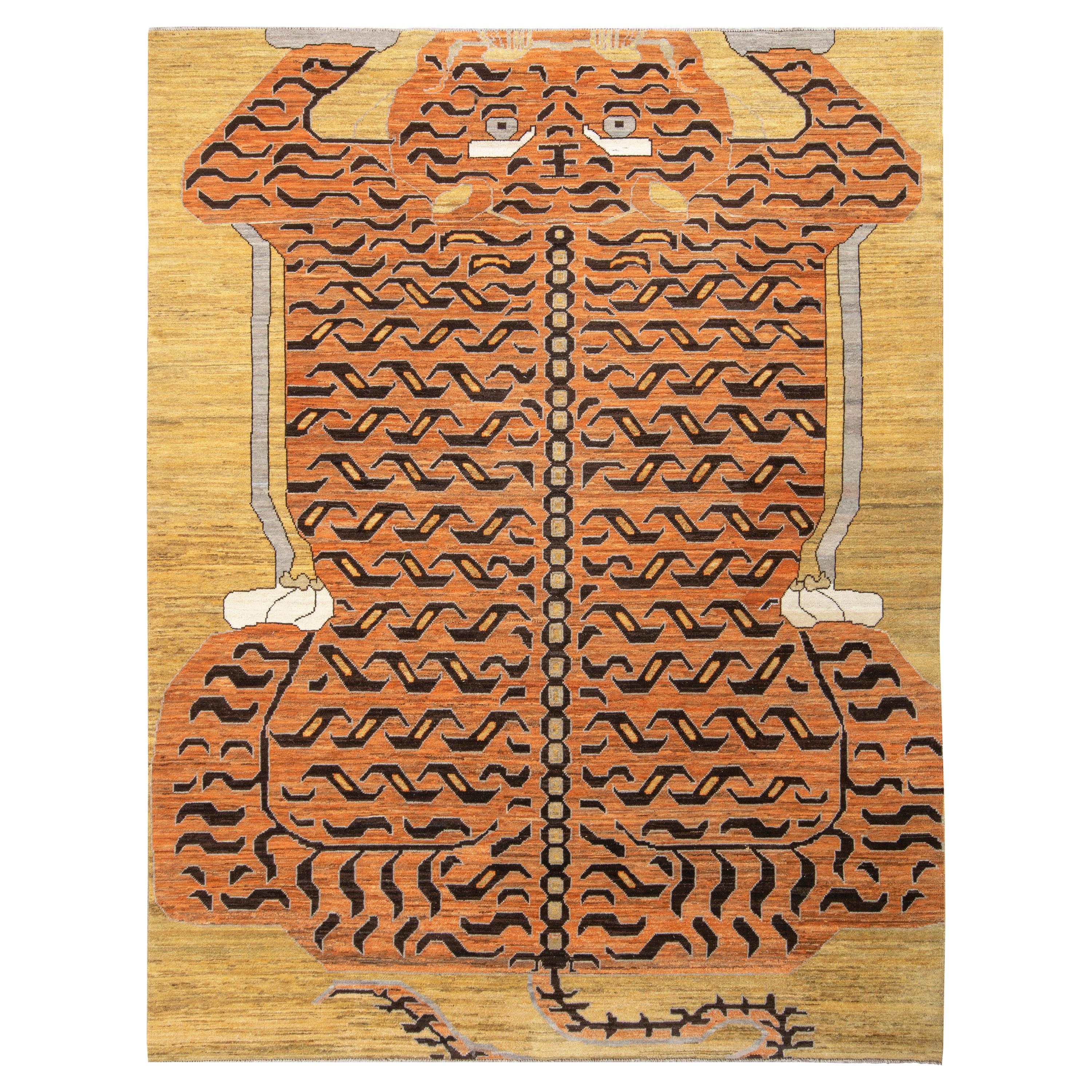 Rug & Kilim’s Custom Tiger Rug in Black Orange Pictorial Pattern