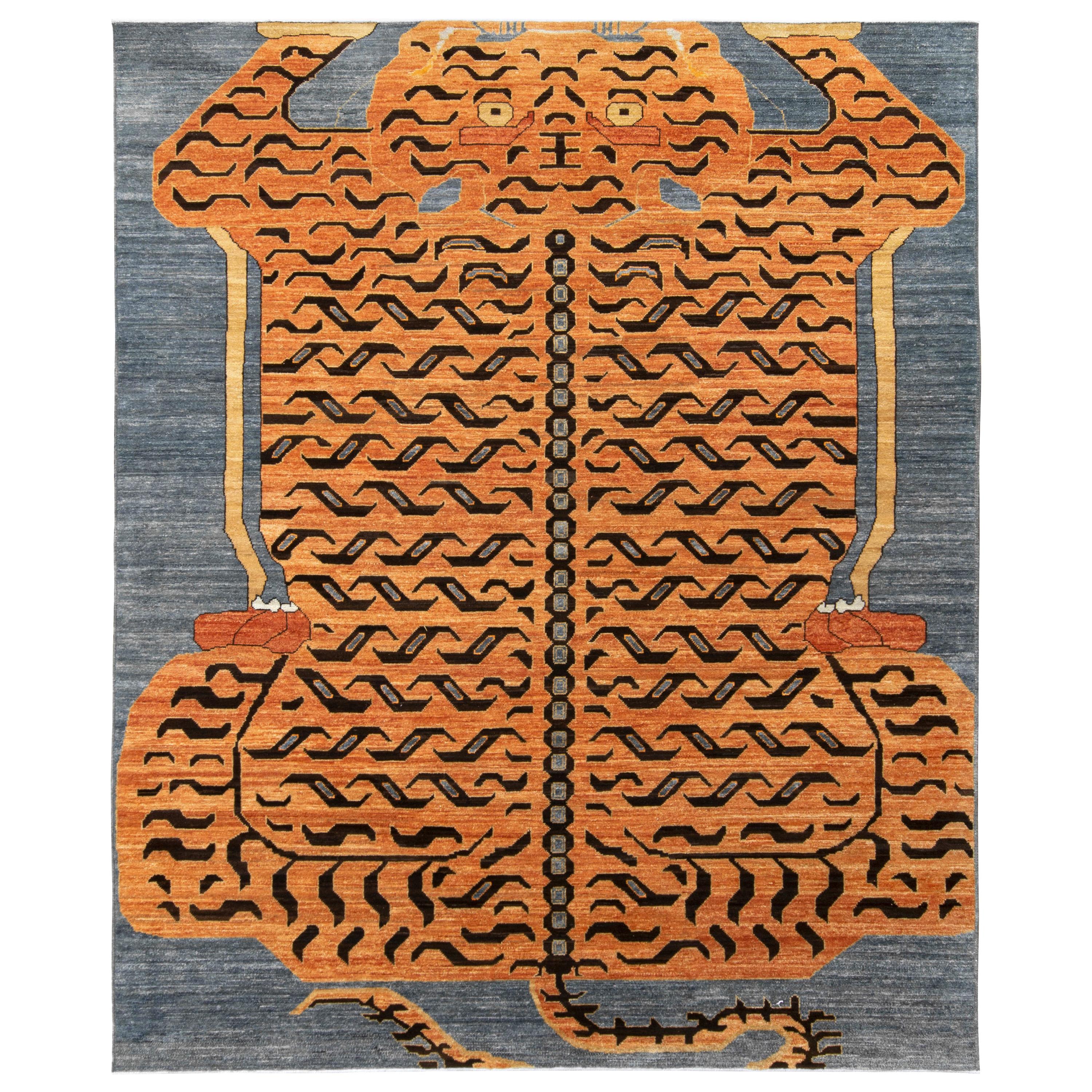 Rug & Kilim’s Custom Tiger Rug in Blue, Orange Pictorial Pelt Pattern For Sale
