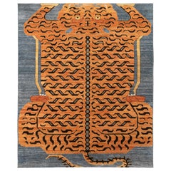 Rug & Kilim’s Custom Tiger Rug in Blue, Orange Pictorial Pelt Pattern