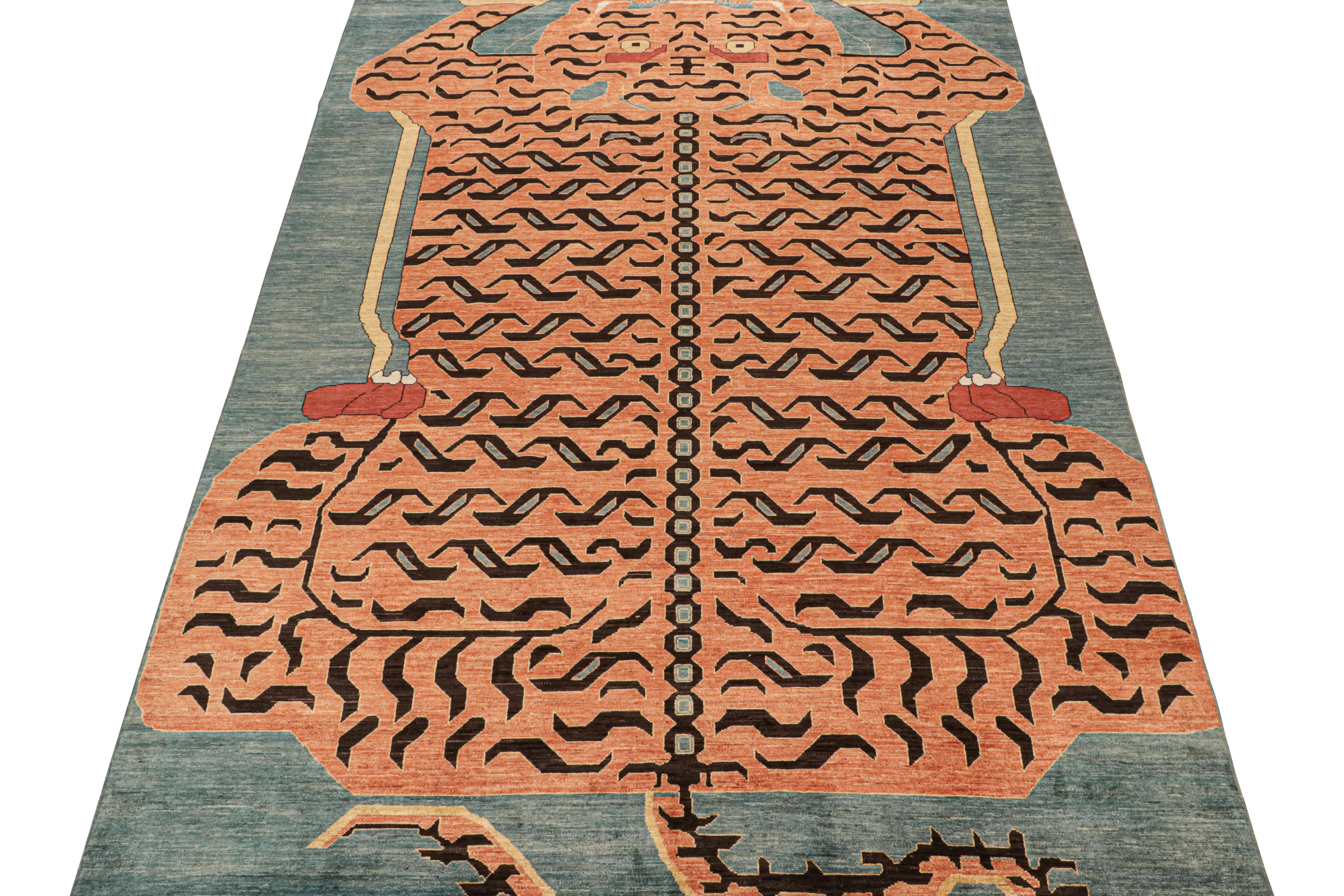 This custom rug design is a bold new addition to Rug & Kilim’s Tigers Collection. Our collection spans several cultures and recaptures iconic pictorial styles in folk art and handmade antique Oriental rugs alike. 

Further on the Design:

These