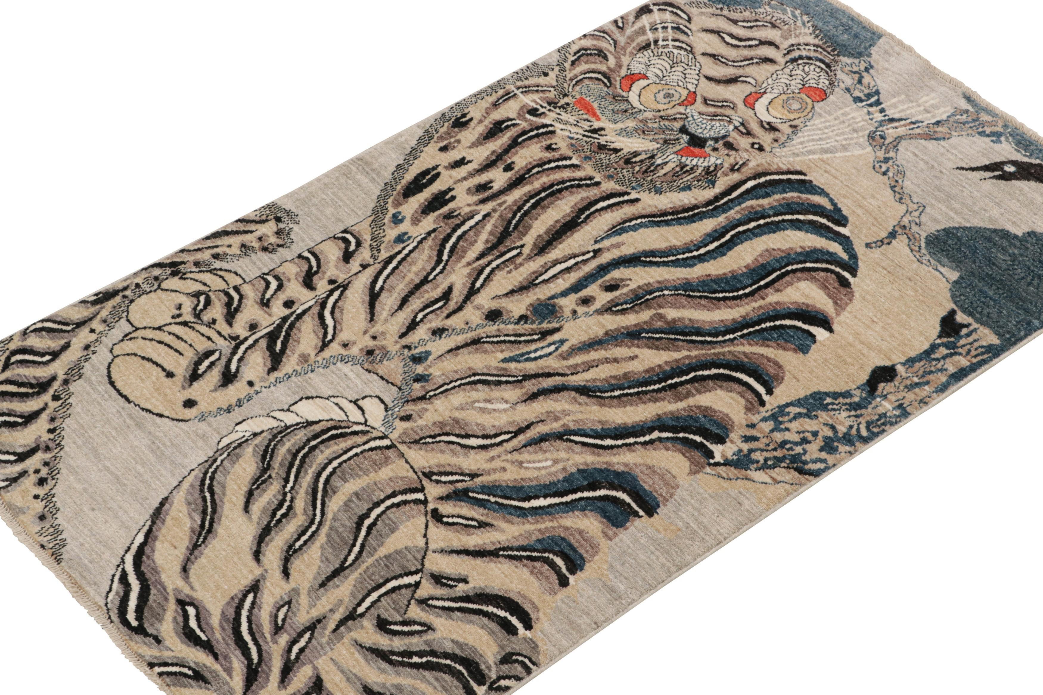 Afghano Rug & Kilim’s Custom Tiger-Skin Rug with Beige/Brown, Blue, Black Pictorial in vendita