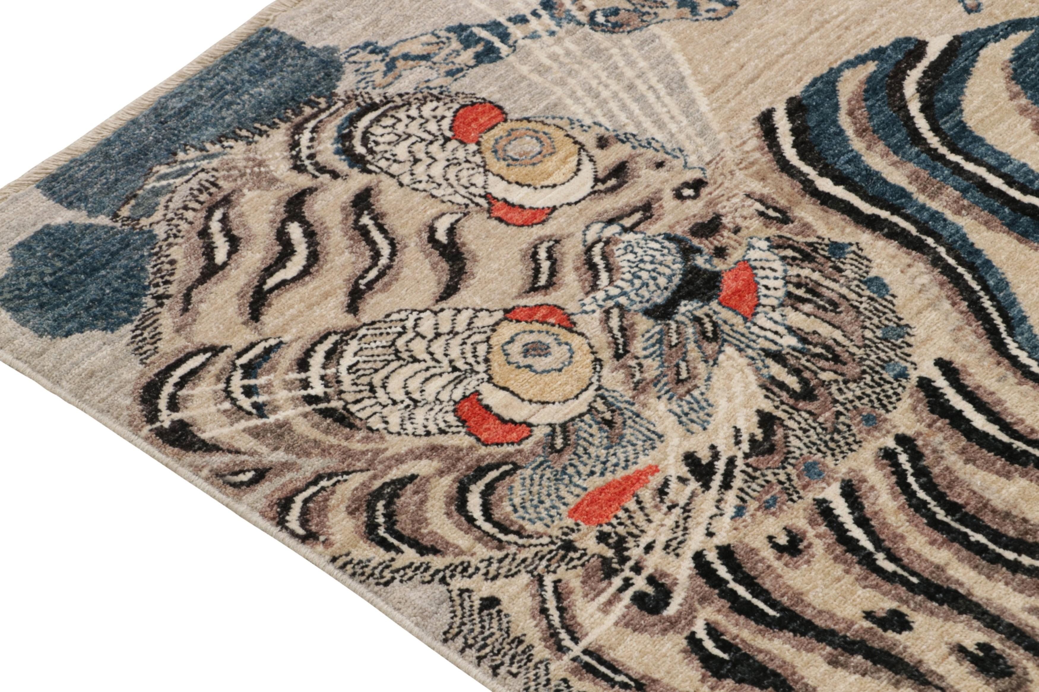Annodato a mano Rug & Kilim’s Custom Tiger-Skin Rug with Beige/Brown, Blue, Black Pictorial in vendita