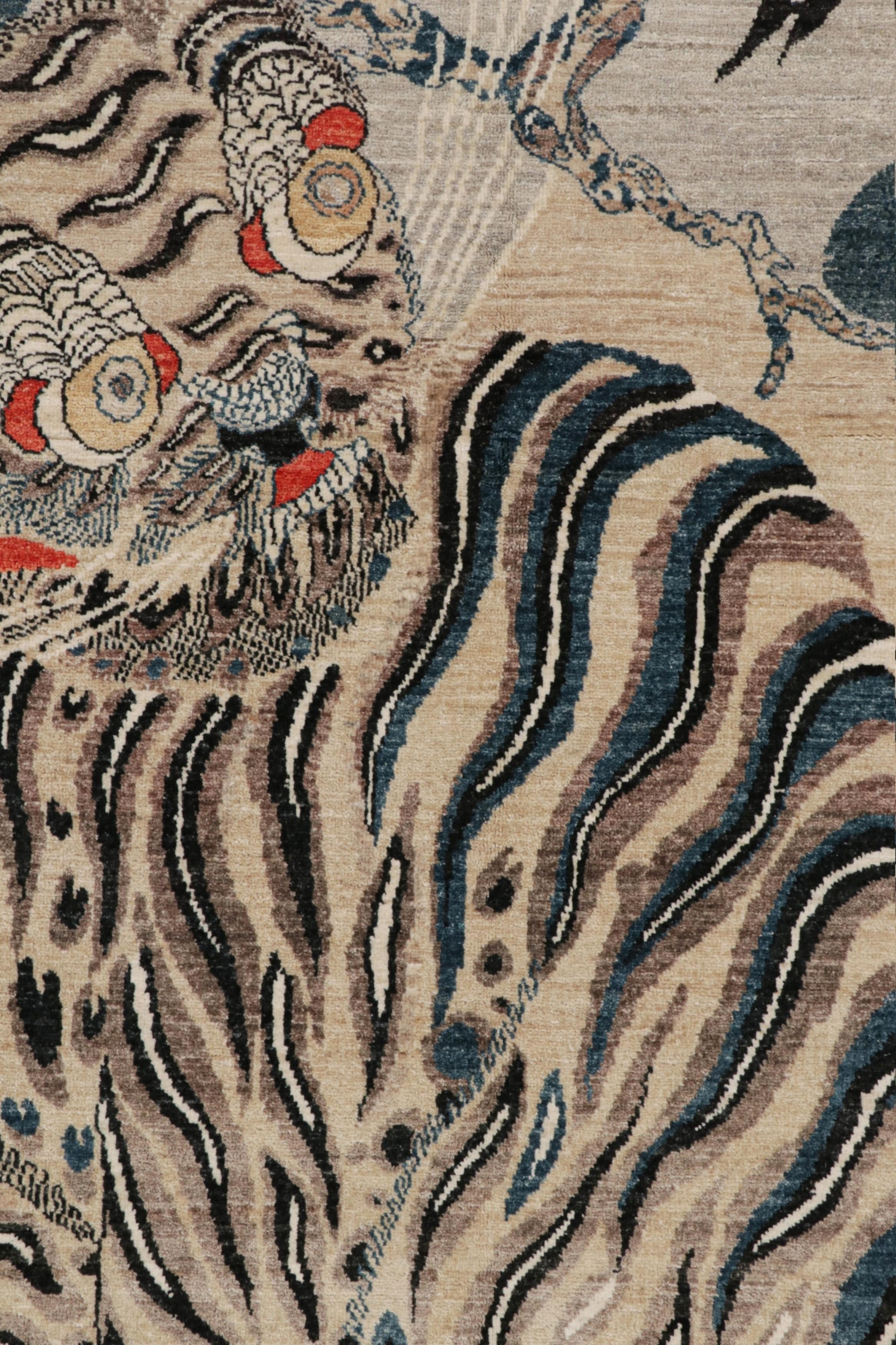 XXIe siècle et contemporain Rug & Kilim's Custom Tiger-Skin Rug with Beige/Brown, Blue, Black Pictorial (tapis en peau de tigre sur mesure avec pictogramme beige/brun, bleu et noir) en vente