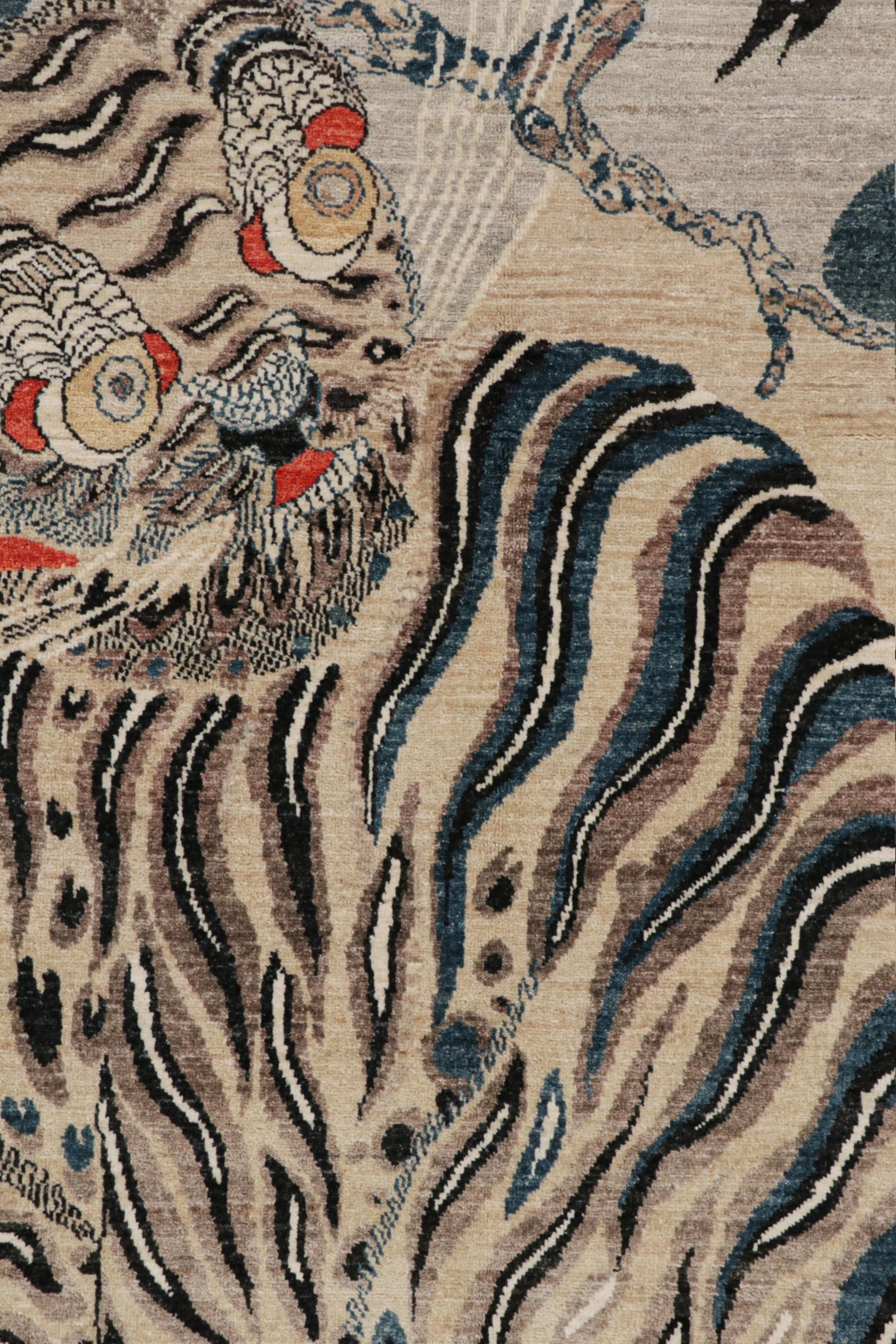 XXI secolo e contemporaneo Rug & Kilim’s Custom Tiger-Skin Rug with Beige/Brown, Blue, Black Pictorial in vendita