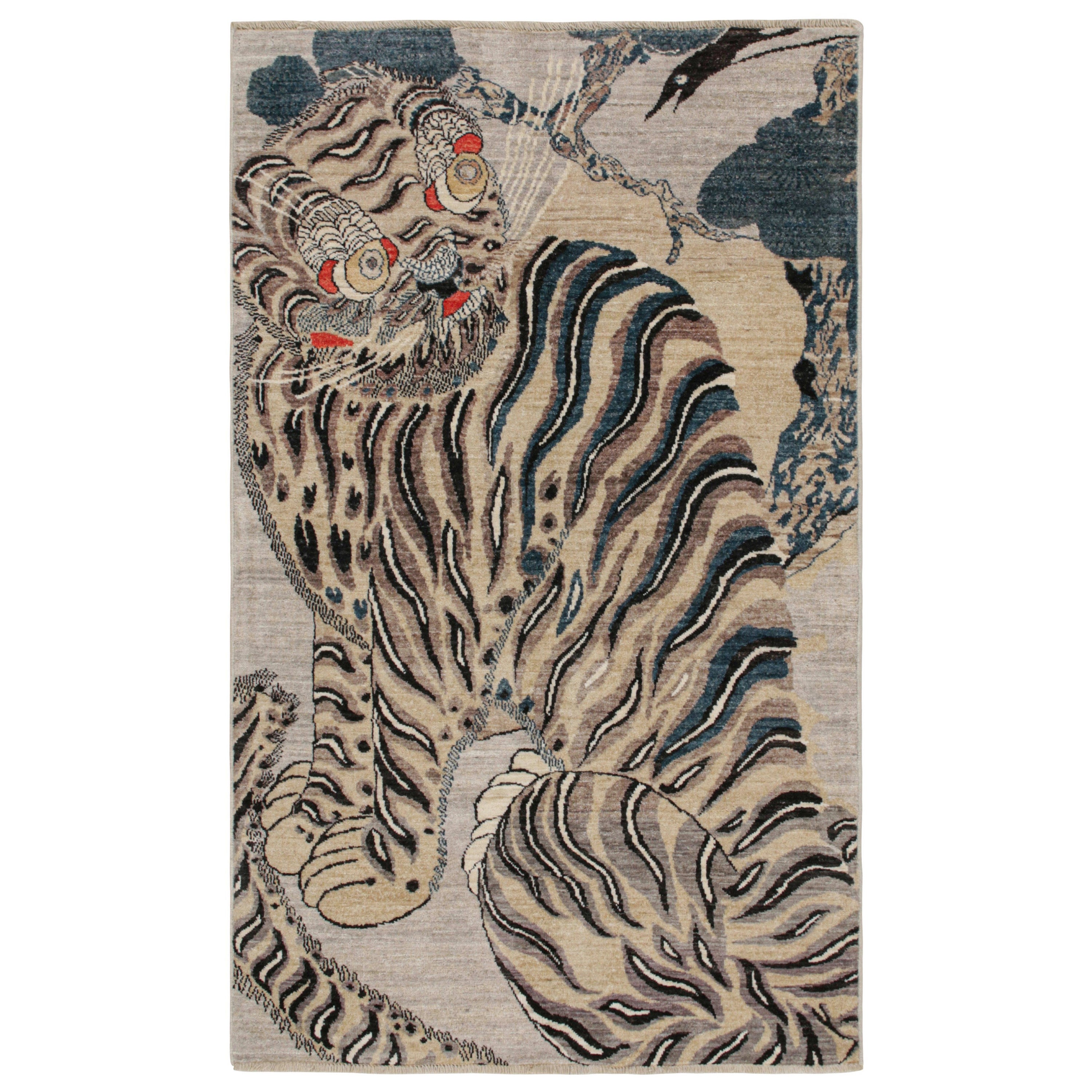 Rug & Kilim's Custom Tiger-Skin Rug with Beige/Brown, Blue, Black Pictorial (tapis en peau de tigre sur mesure avec pictogramme beige/brun, bleu et noir) en vente