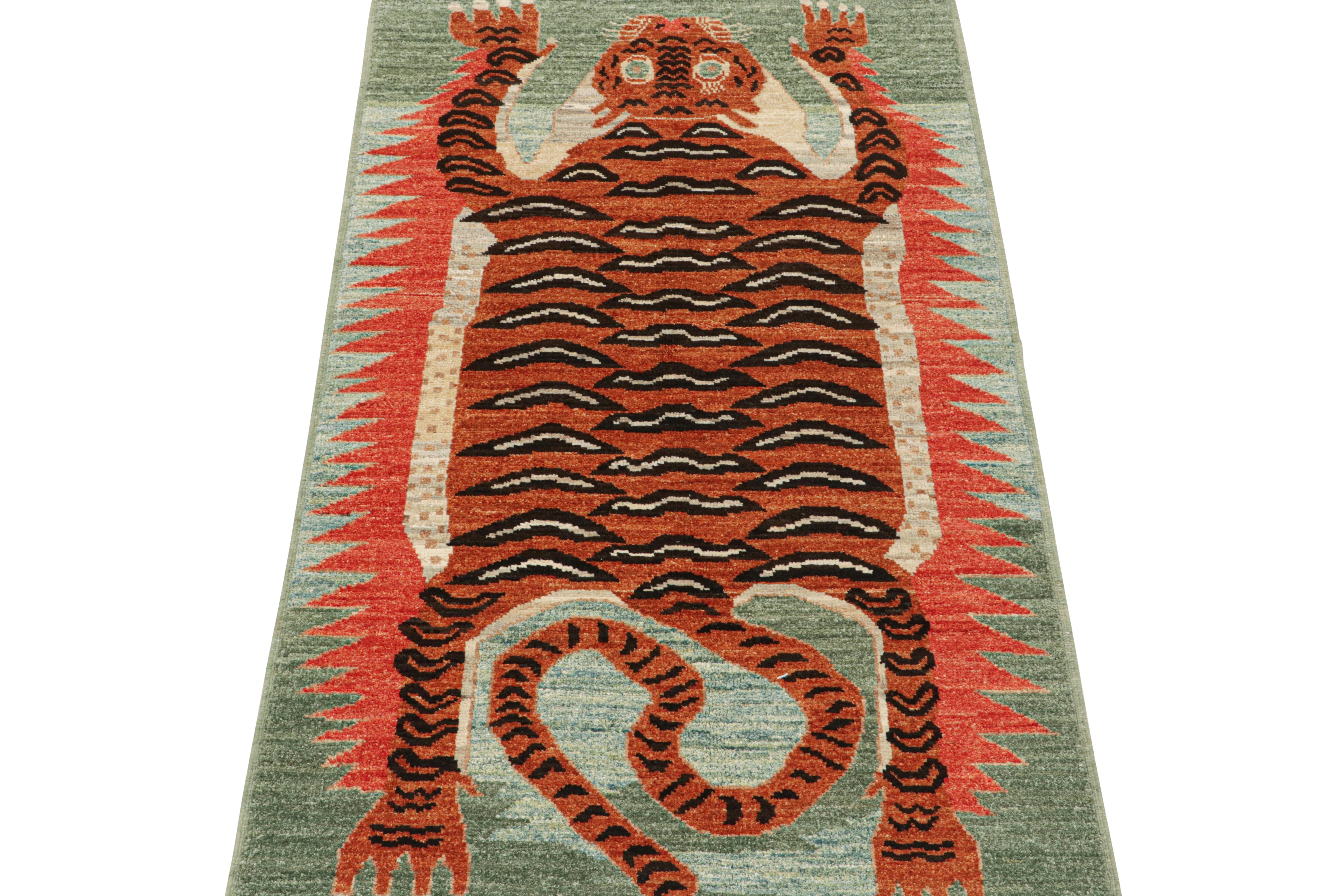 This custom runner design is a bold new addition to Rug & Kilim’s Tigers Collection. Our collection spans several cultures and recaptures iconic pictorial styles in folk art and handmade Oriental rugs alike. 

These photos reflect a 3x6 rug in