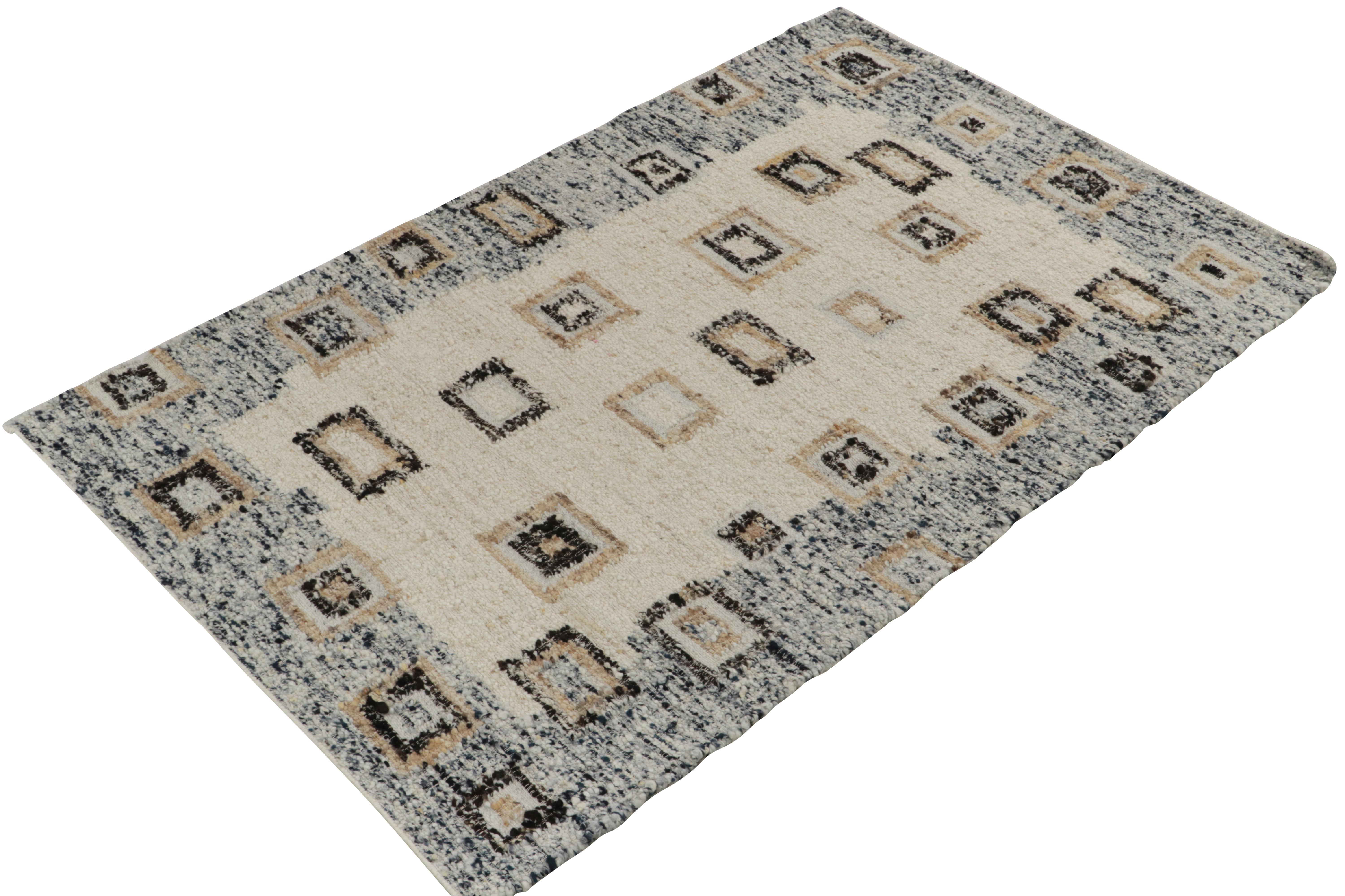 Art Deco Rug & Kilim's Deco Modern Kilim Rug in White, Blue Border, Geometric Patterns For Sale