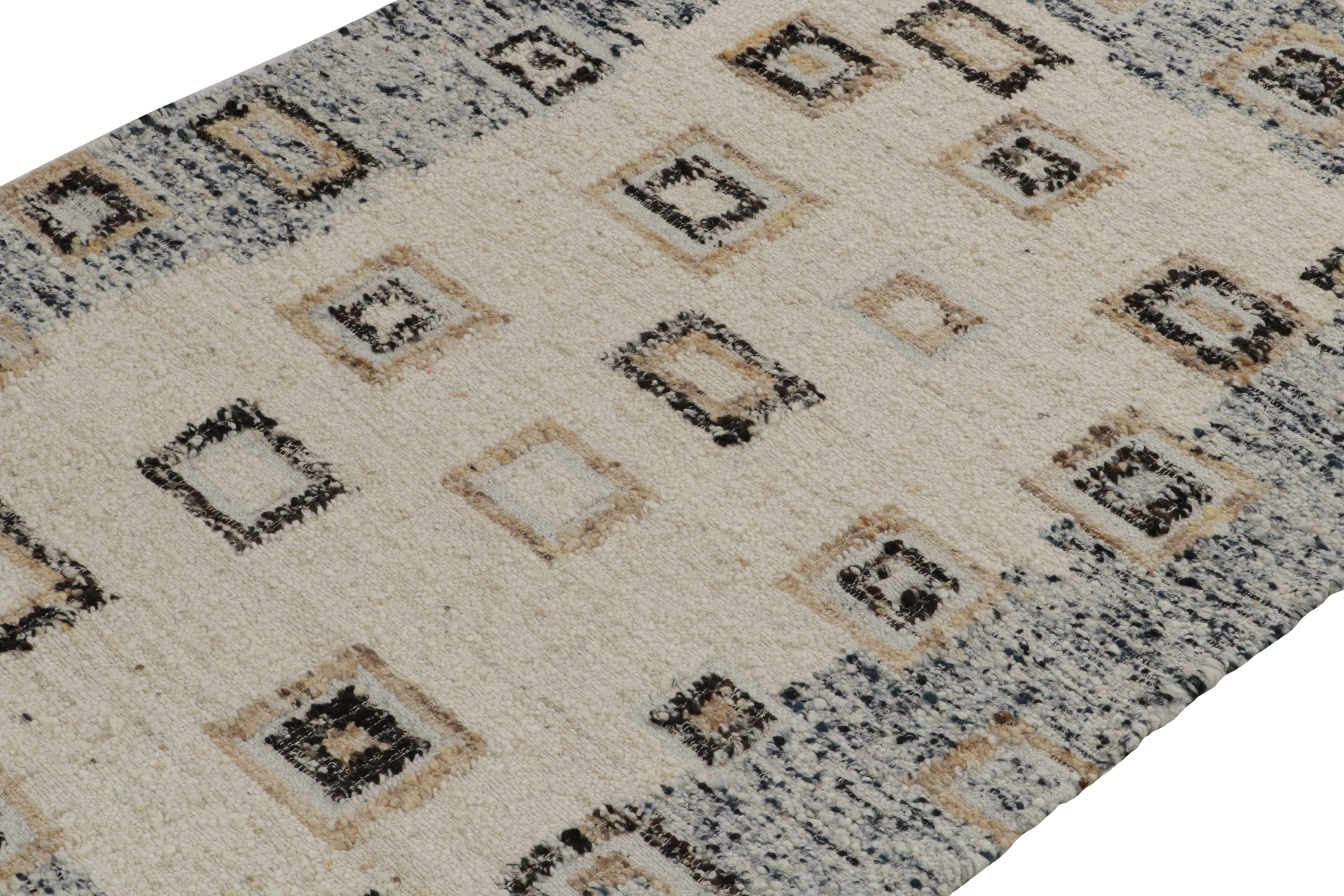 Indian Rug & Kilim's Deco Modern Kilim Rug in White, Blue Border, Geometric Patterns For Sale
