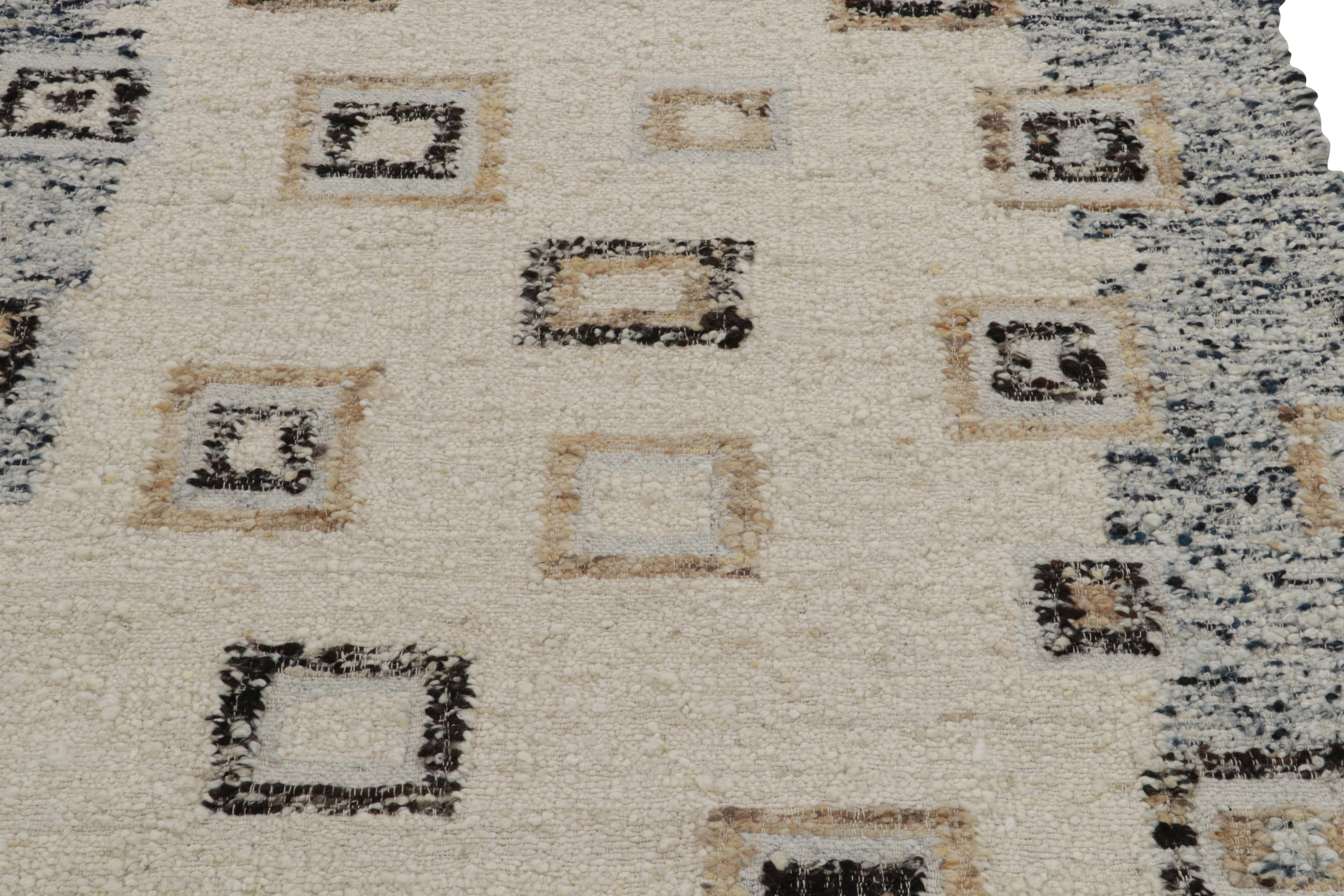 Hand-Knotted Rug & Kilim's Deco Modern Kilim Rug in White, Blue Border, Geometric Patterns For Sale