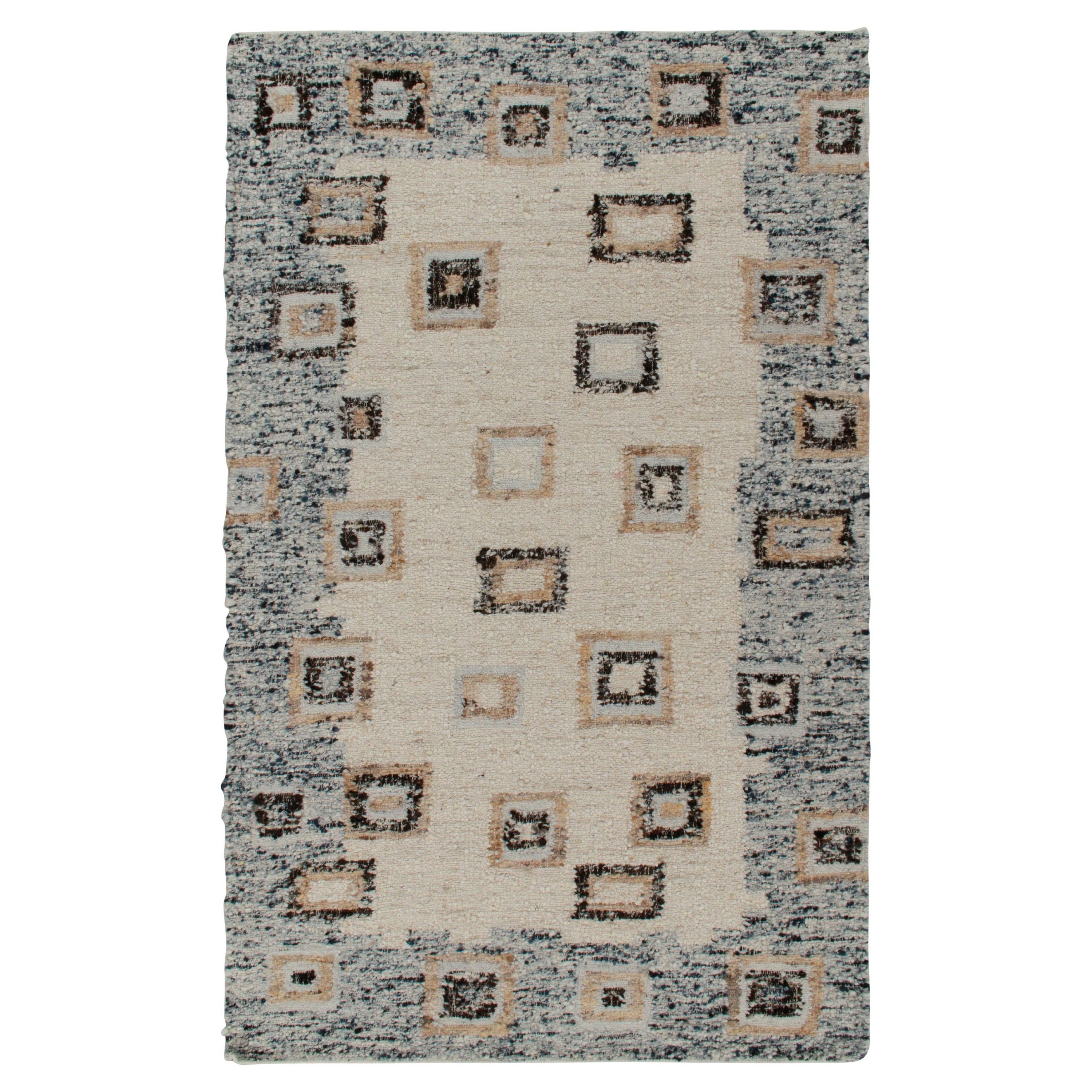Rug & Kilim's Deco Modern Kilim Rug in White, Blue Border, Geometric Patterns