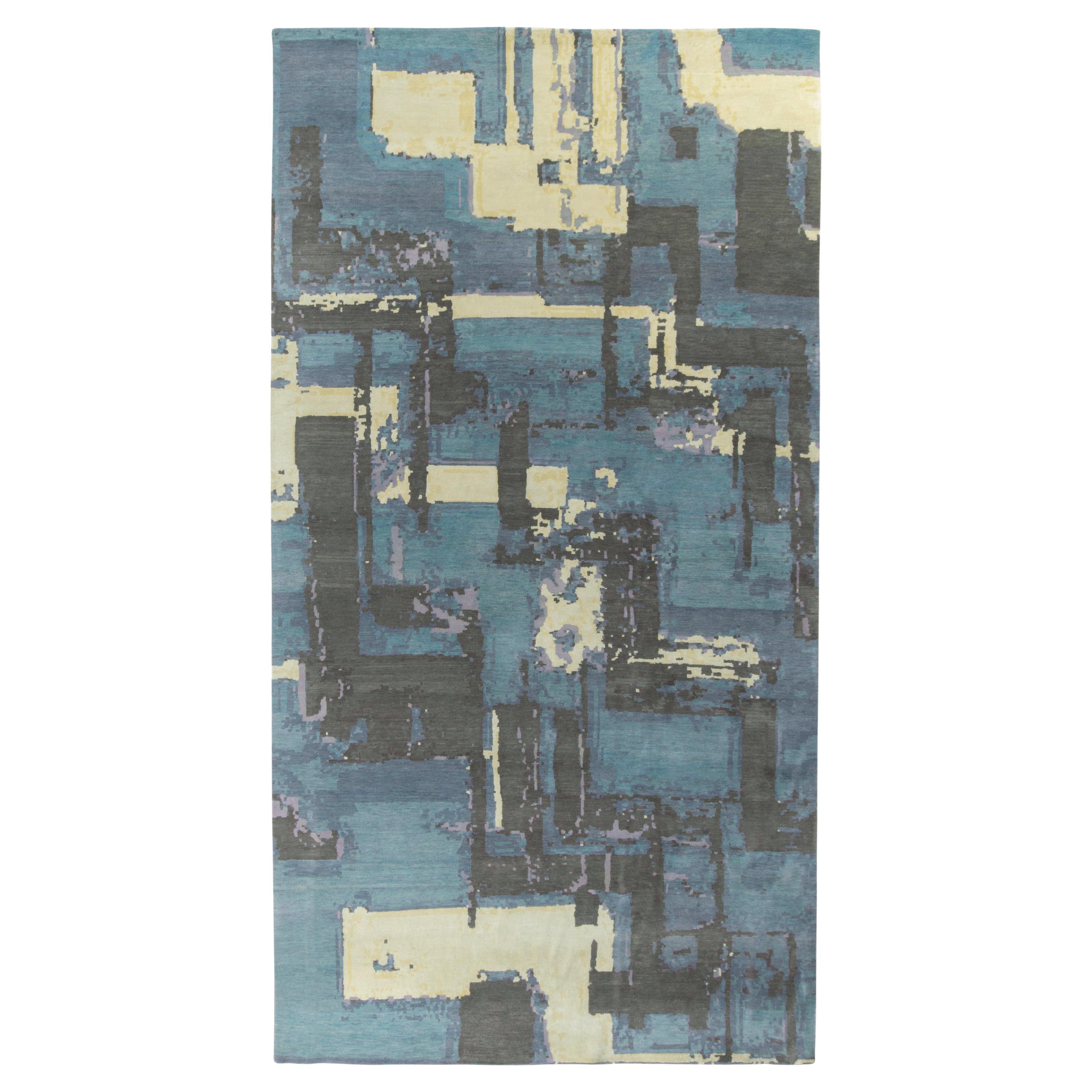 Rug & Kilim’s Deco Style Modern Rug in Blue, Black Geometric Pattern For Sale