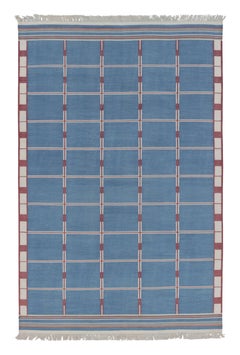 Rug & Kilim’s Dhurrie Indian Rug in Blue, Red and Ivory Geometric Stripes