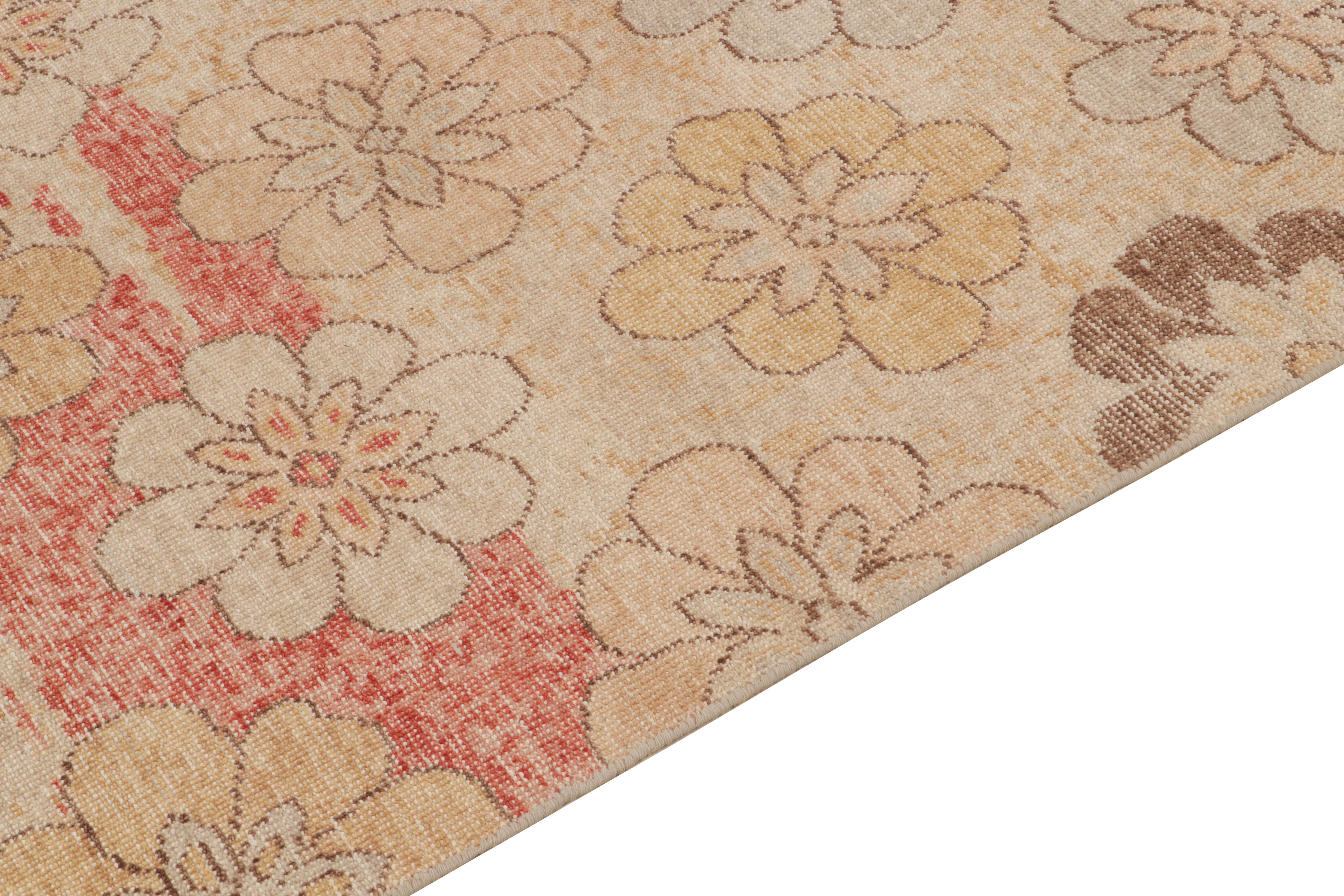 Indian Rug & Kilim's Distressed 1960s Style Rug in Beige, Red & Blue Floral Patterns For Sale