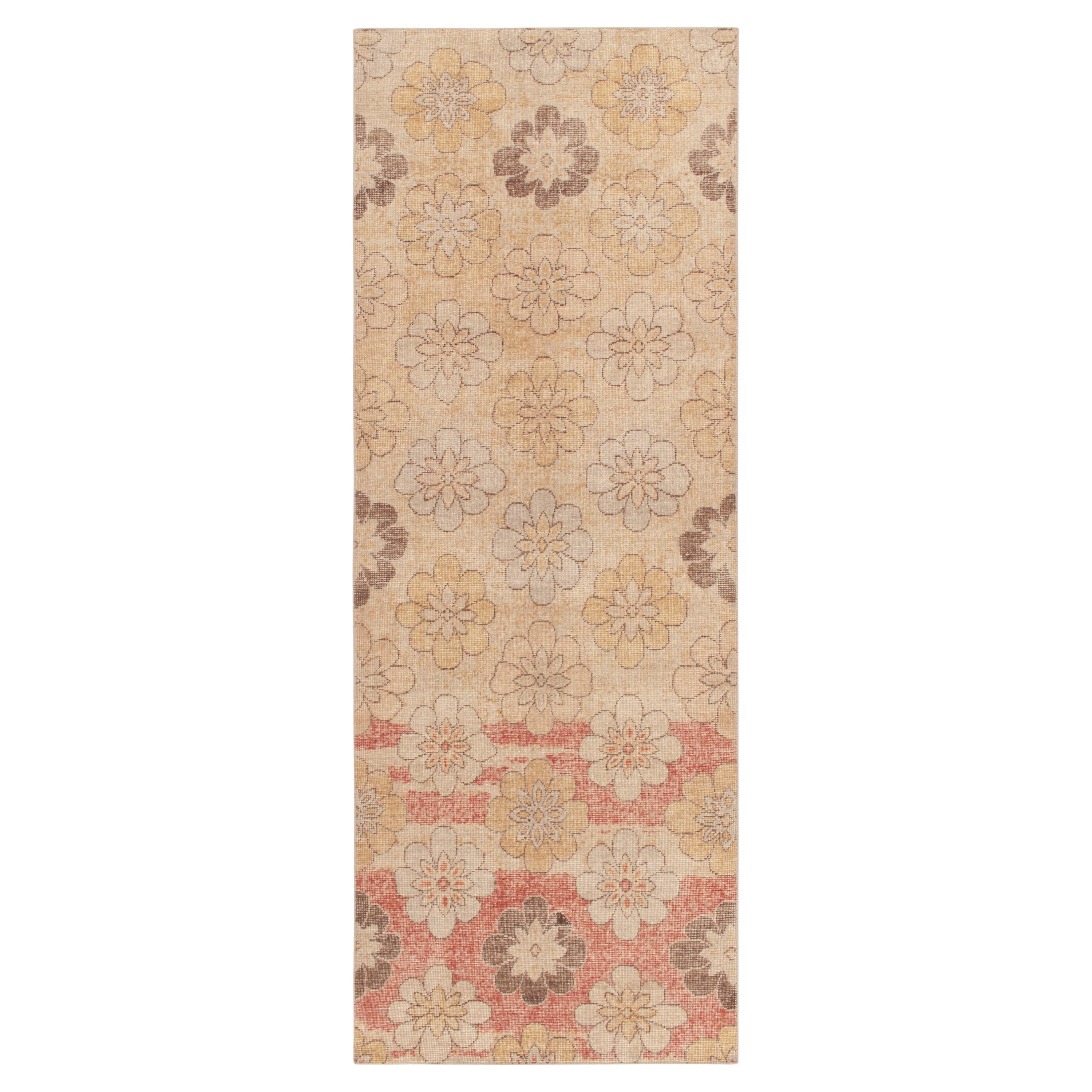 Rug & Kilim's Distressed 1960s Style Rug in Beige, Red & Blue Floral Patterns For Sale