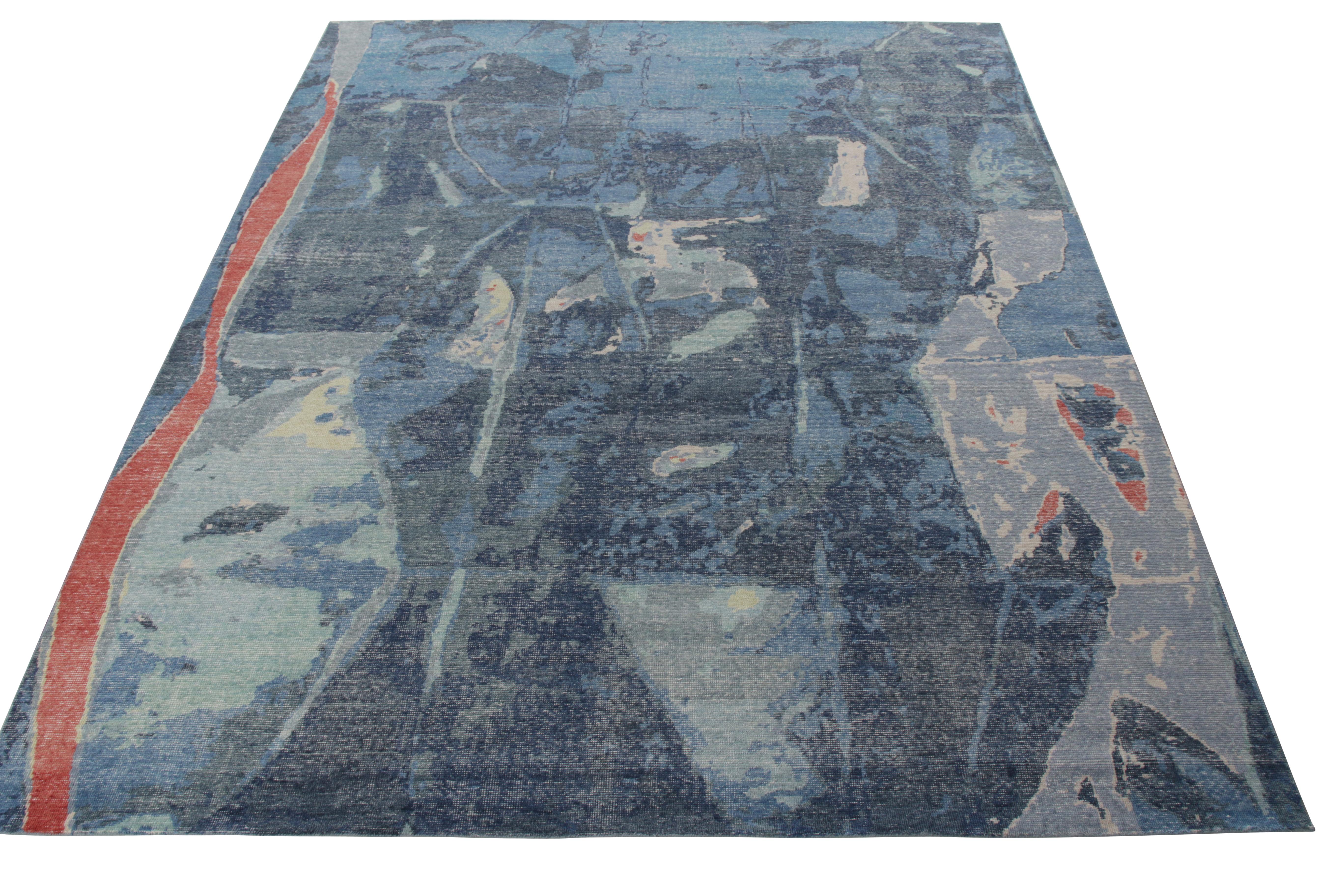 Rug & Kilim brings to you its exclusive distressed take on modern styles from its Homage Collection. Exemplified in this 9x12, this hand-knotted custom abstract rug boasts an all over geometric pattern in contrasting shades of blue and red—all done