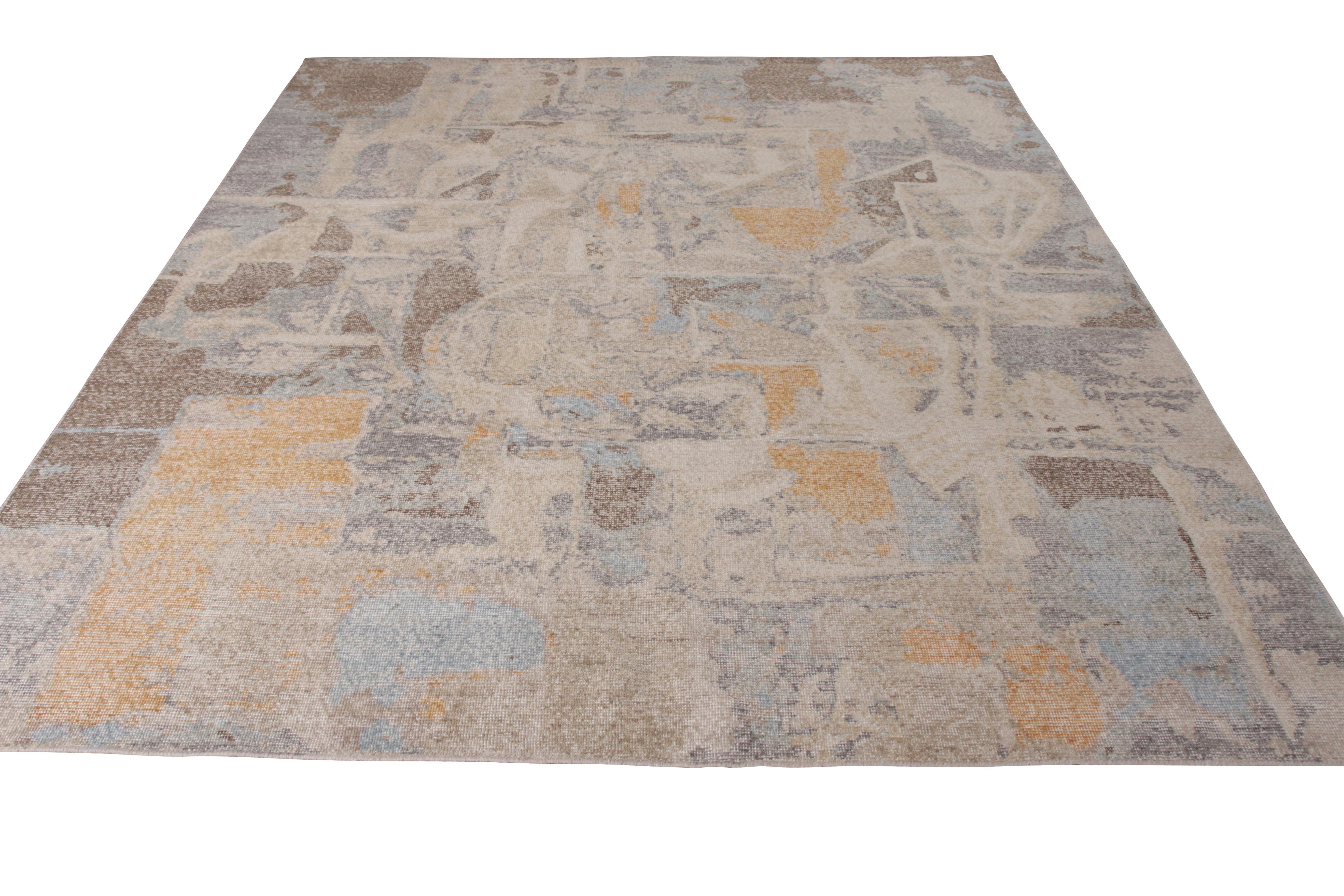 An 8 x 10 take on abstract modern rug styles in beige-brown and blue, from Rug & Kilim’s Homage Collection. Hand knotted in wool, reimagining a shabby-chic distressed texture through a comfortable wash unique to this style. 

On the design: This