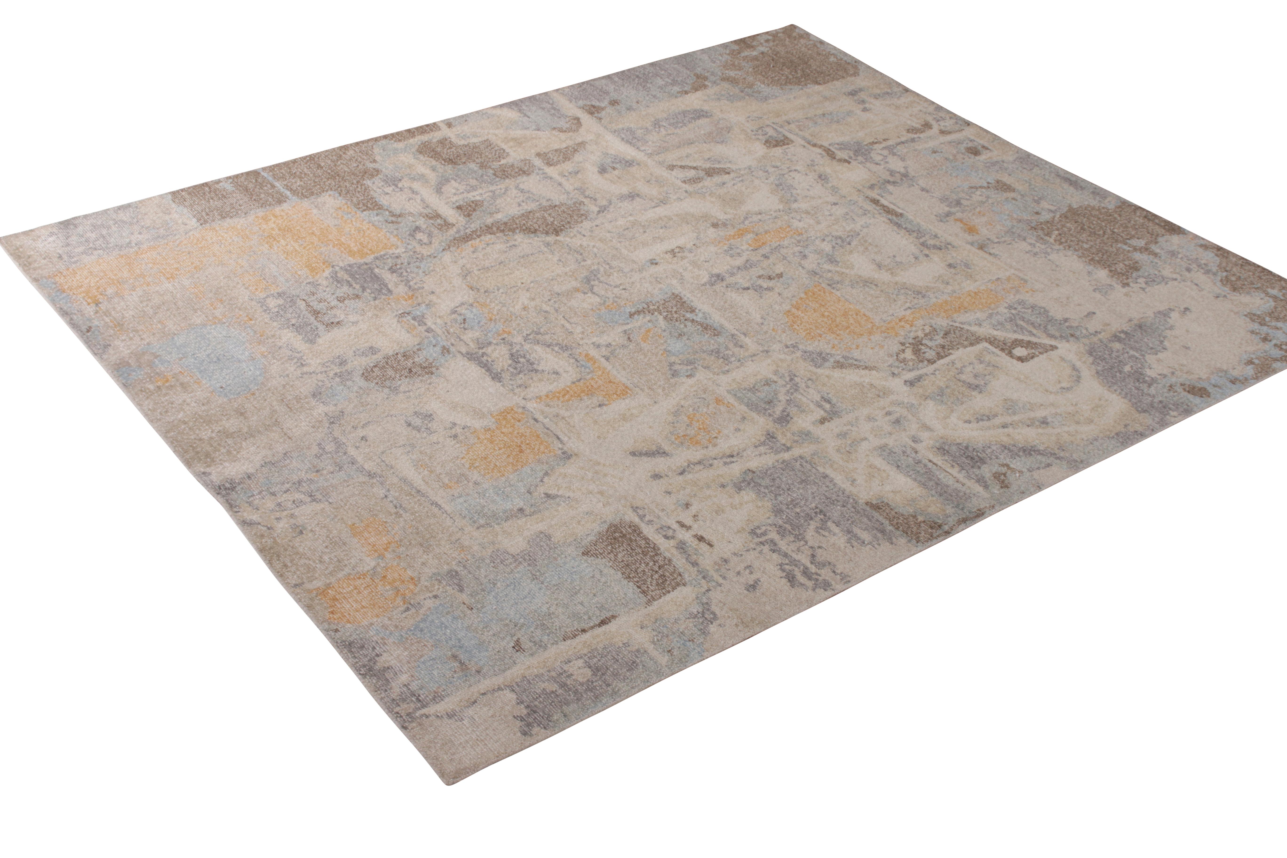 Other Rug & Kilim’s Distressed Abstract Rug in Beige-Brown and Blue Geometric Pattern For Sale
