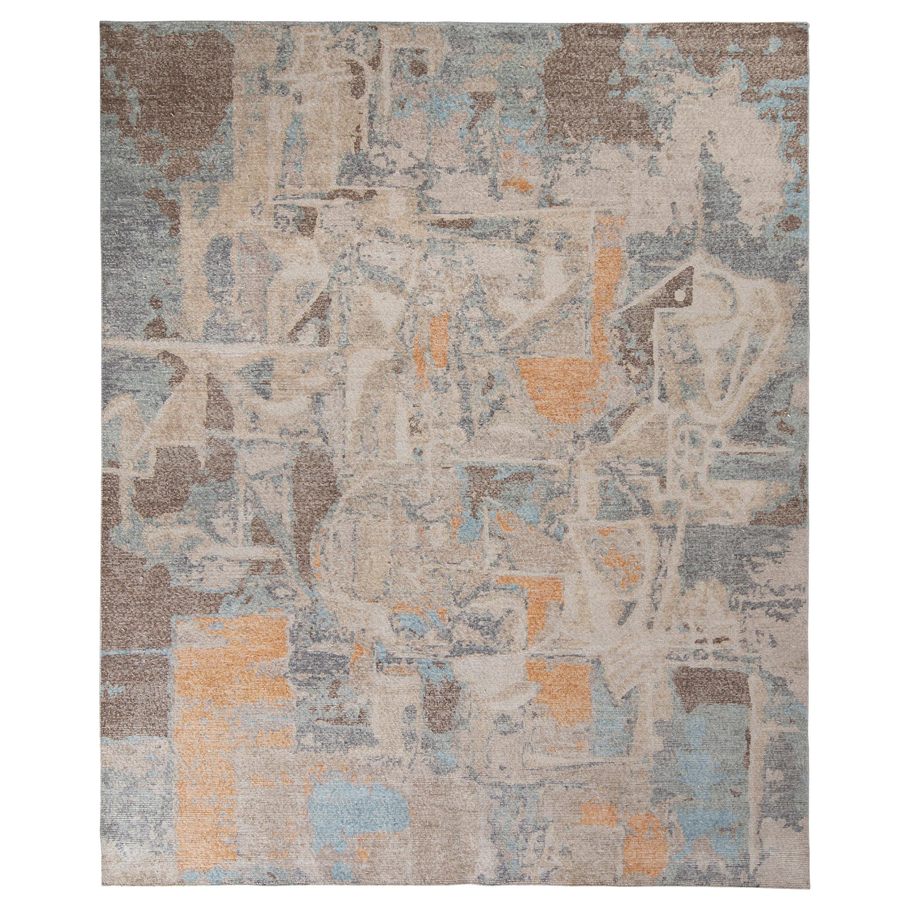 Rug & Kilim’s Distressed Abstract Rug in Beige-Brown and Blue Geometric Pattern