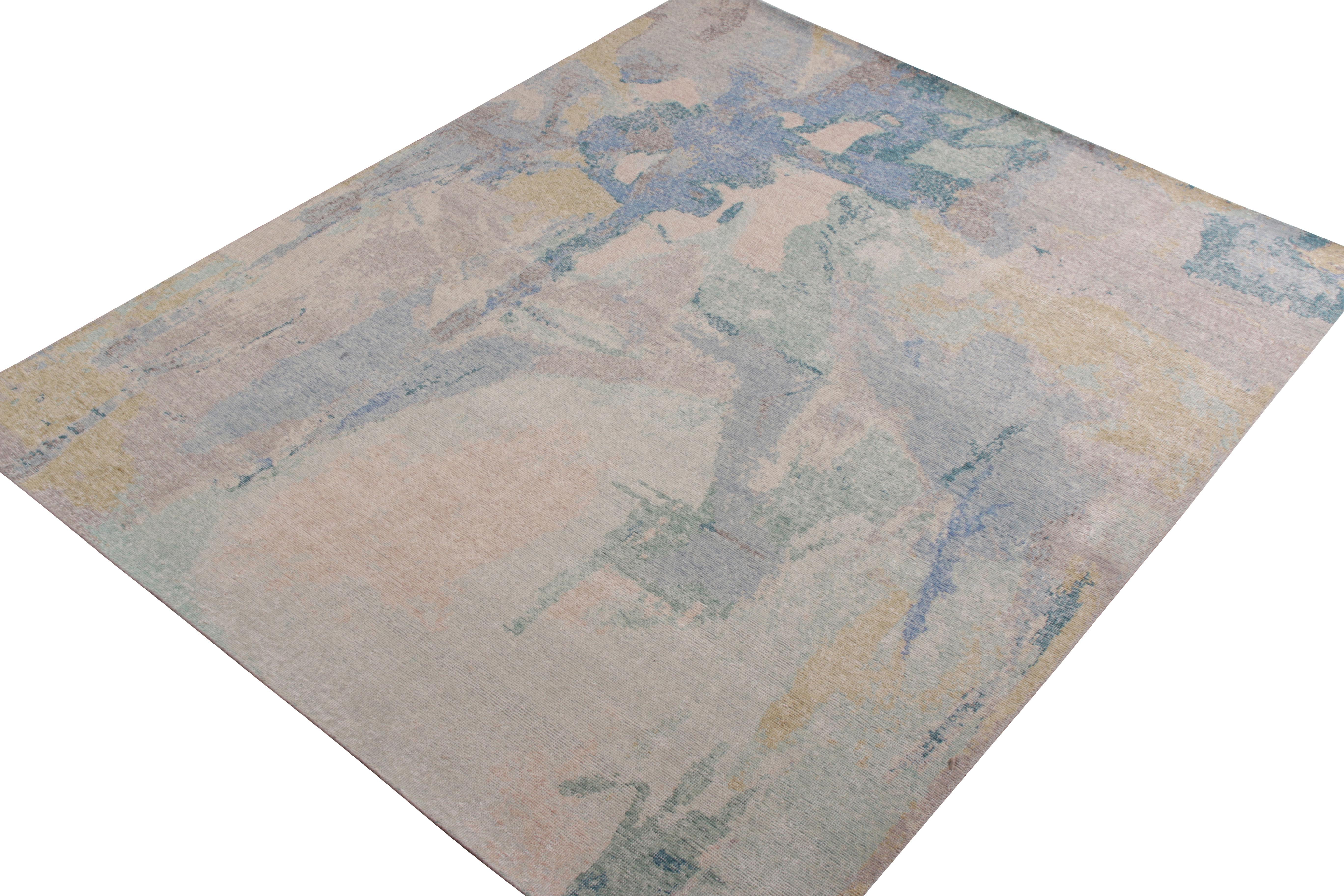 Modern Rug & Kilim’s Distressed Abstract Rug in Blue-Green and Gray Geometric Pattern For Sale