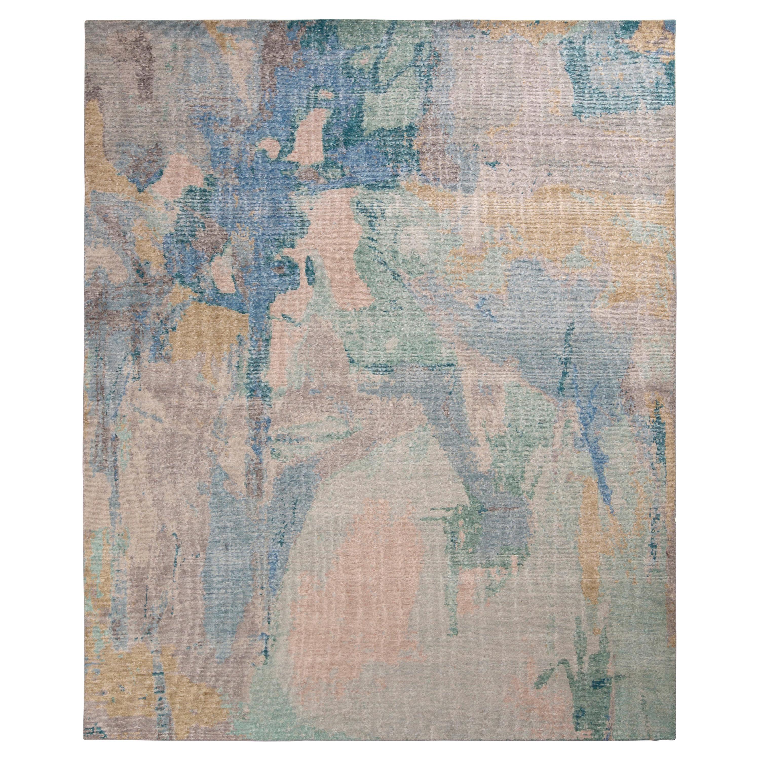 Rug & Kilim’s Distressed Abstract Rug in Blue-Green and Gray Geometric Pattern For Sale