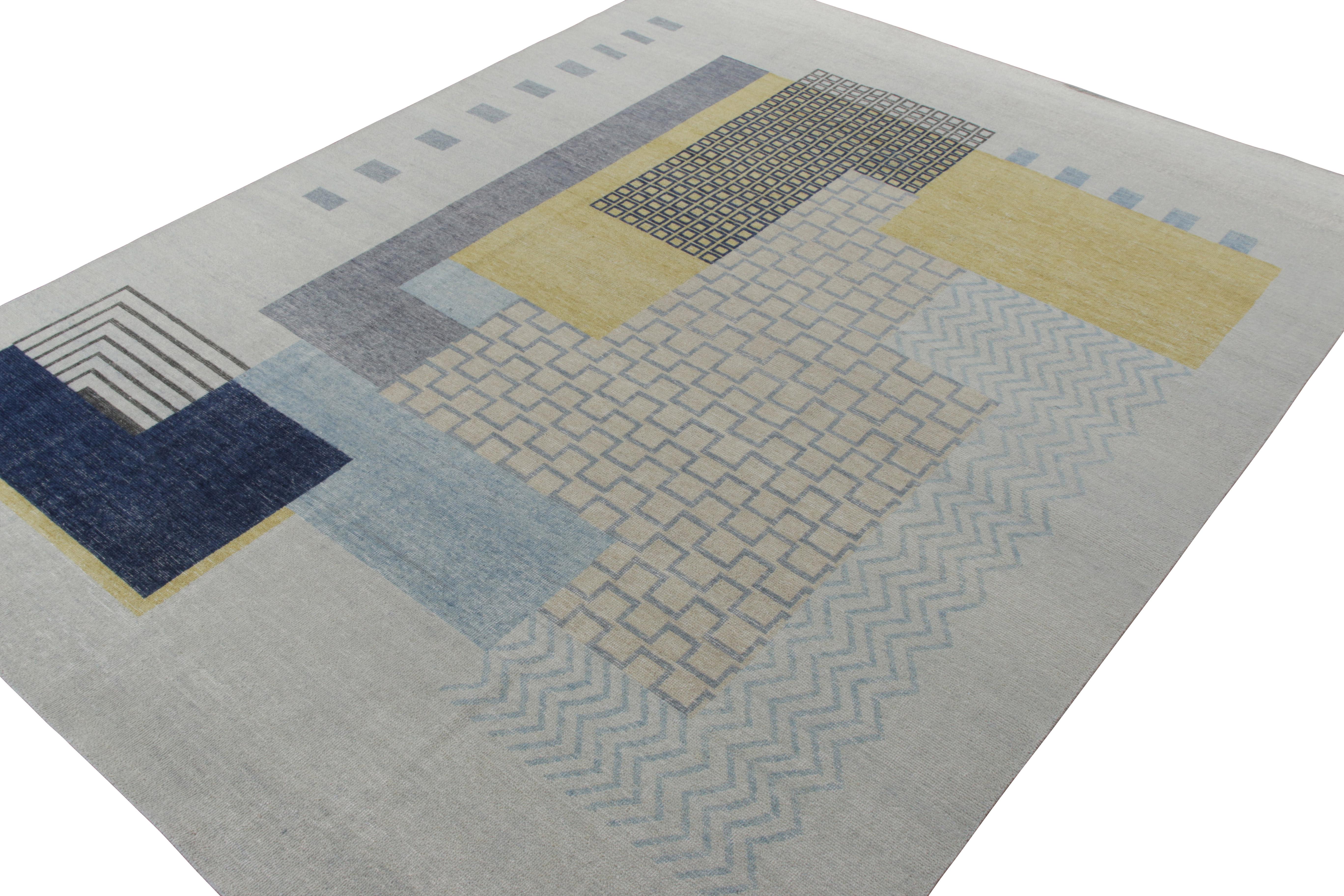 Indian Rug & Kilim’s Distressed Art Deco Style Rug in Blue, Gray Geometric Pattern For Sale