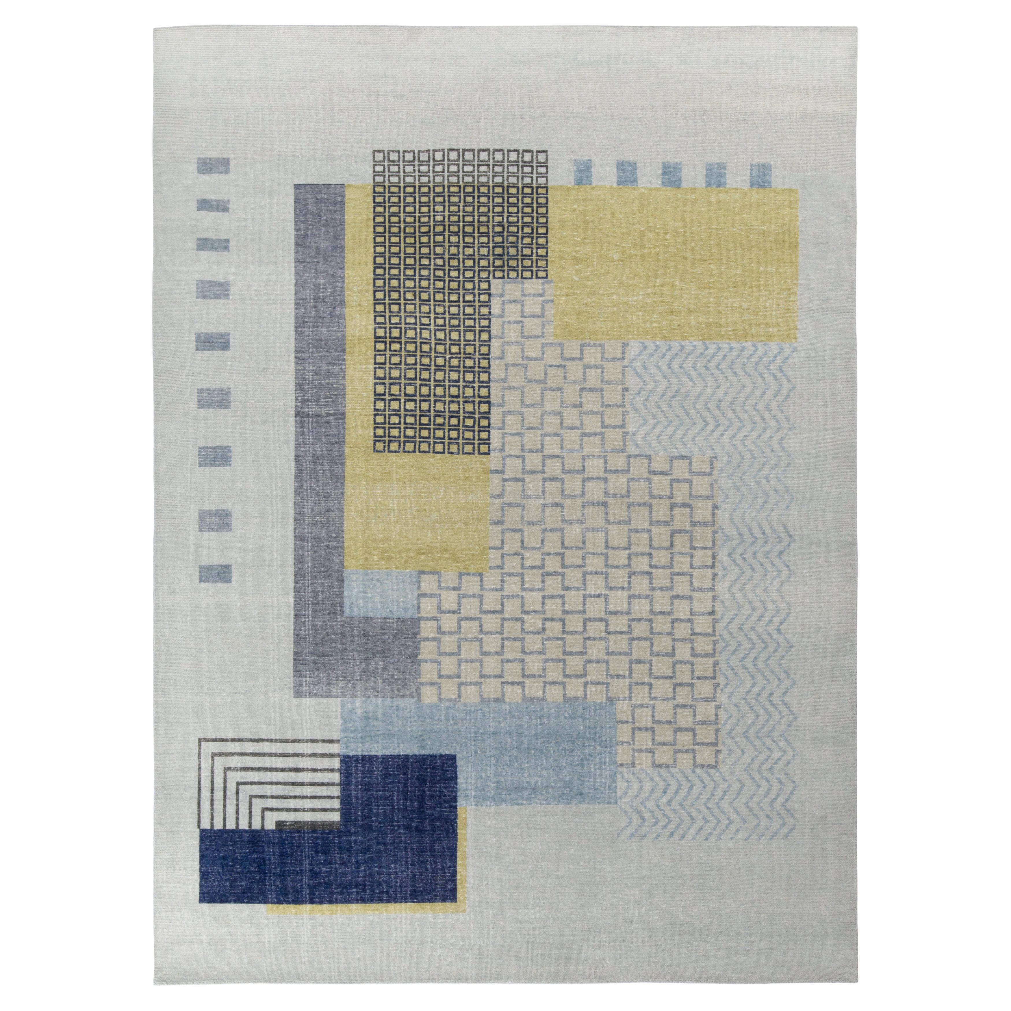 Rug & Kilim’s Distressed Art Deco Style Rug in Blue, Gray Geometric Pattern For Sale