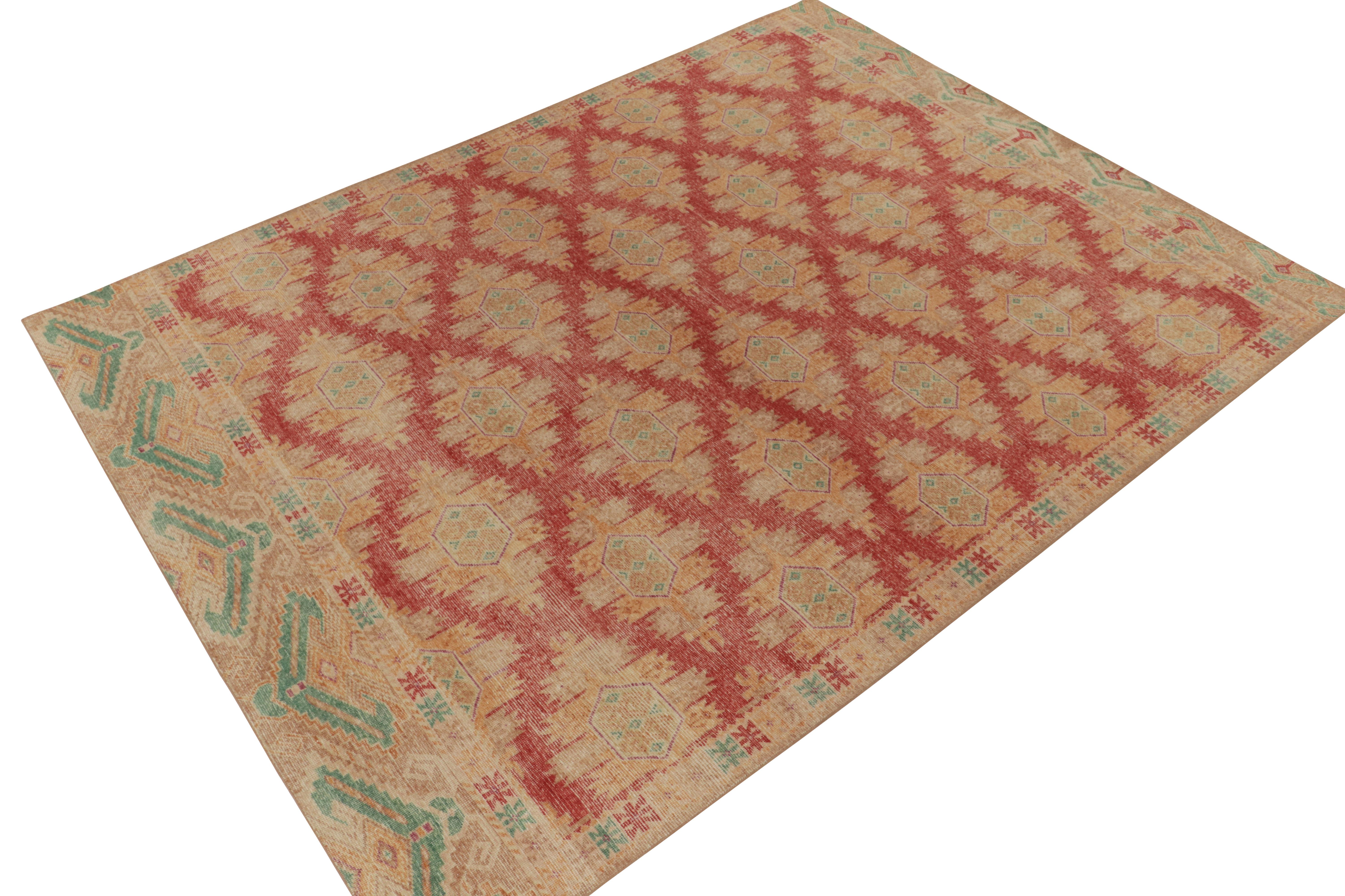 Dieser 9x12 große, handgeknüpfte Wollteppich aus der Homage Collection von Rug & Kilim greift die Ästhetik der antiken Bokhara-Teppiche der Jahrhundertwende auf, einer berühmten kaukasischen Stammesherkunft, die für ihre lebhaften Farbtöne und