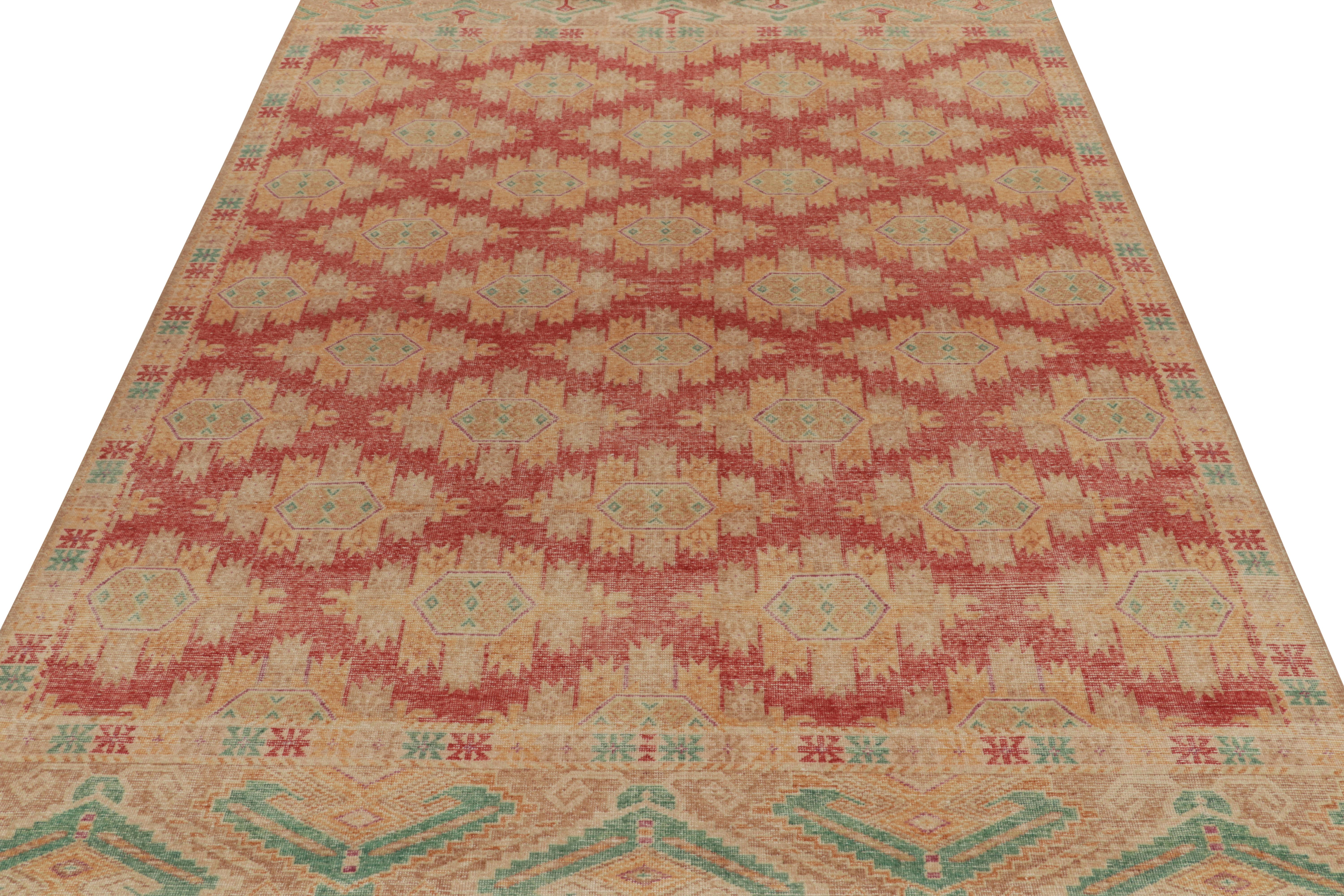 Tribal Rug & Kilim’s Distressed Bokhara Style Rug in Red, Beige & Gold Medallions For Sale