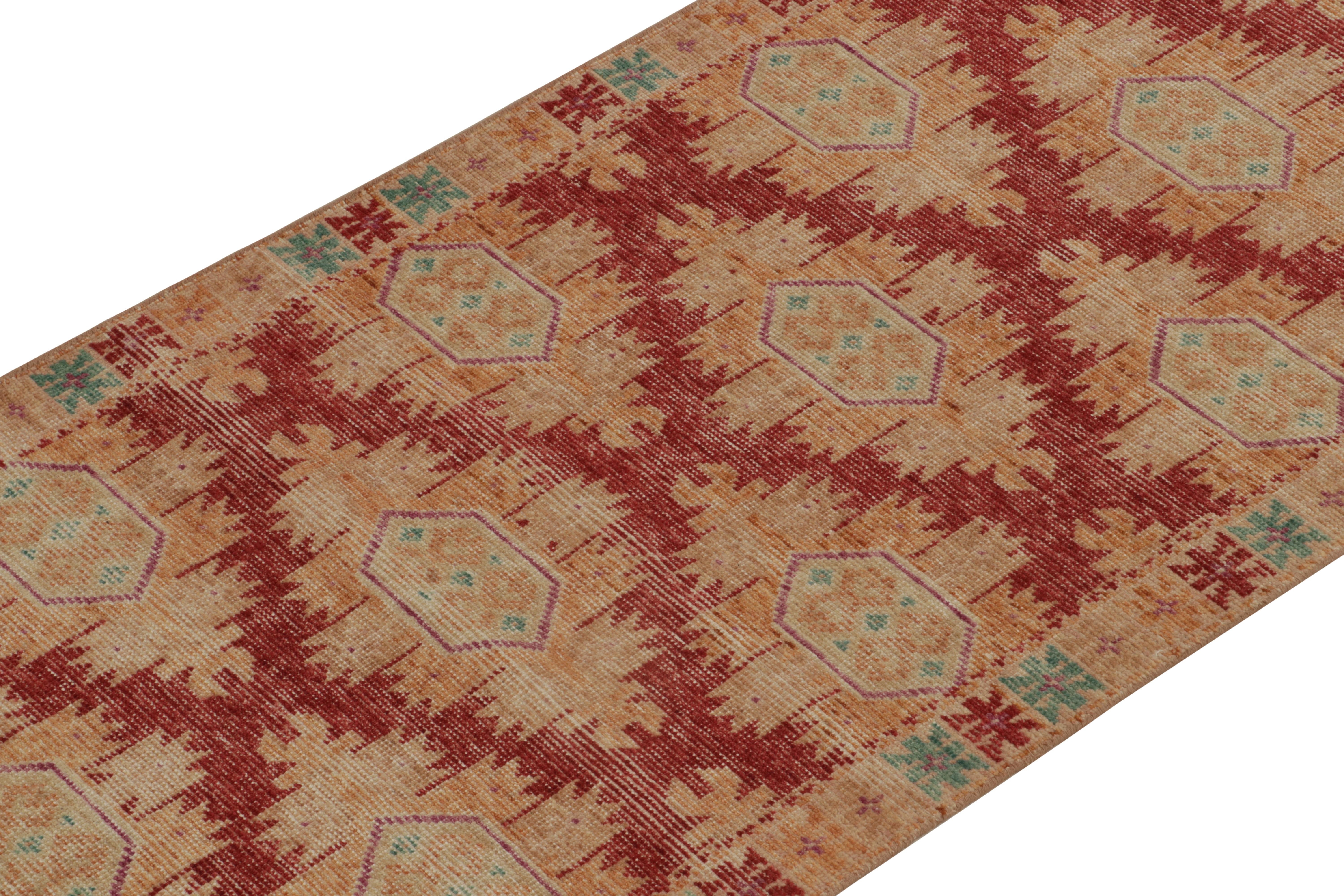 Indian Rug & Kilim’s Distressed Bokhara Style Runner in Red, Beige & Gold Medallions For Sale