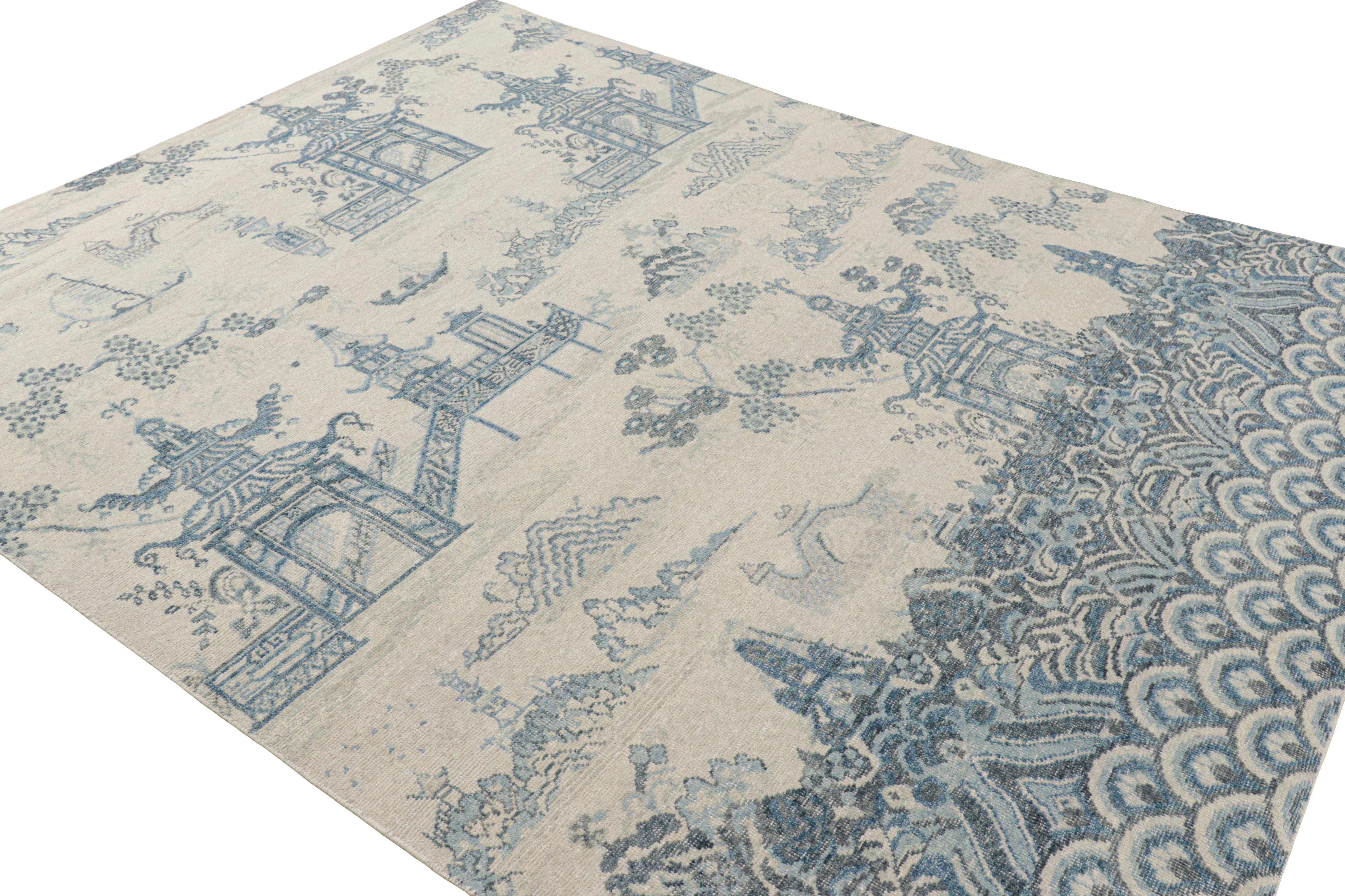 Indian Rug & Kilim’s Distressed Chinese Pictorial Rug in Blue and Off-White Tones For Sale