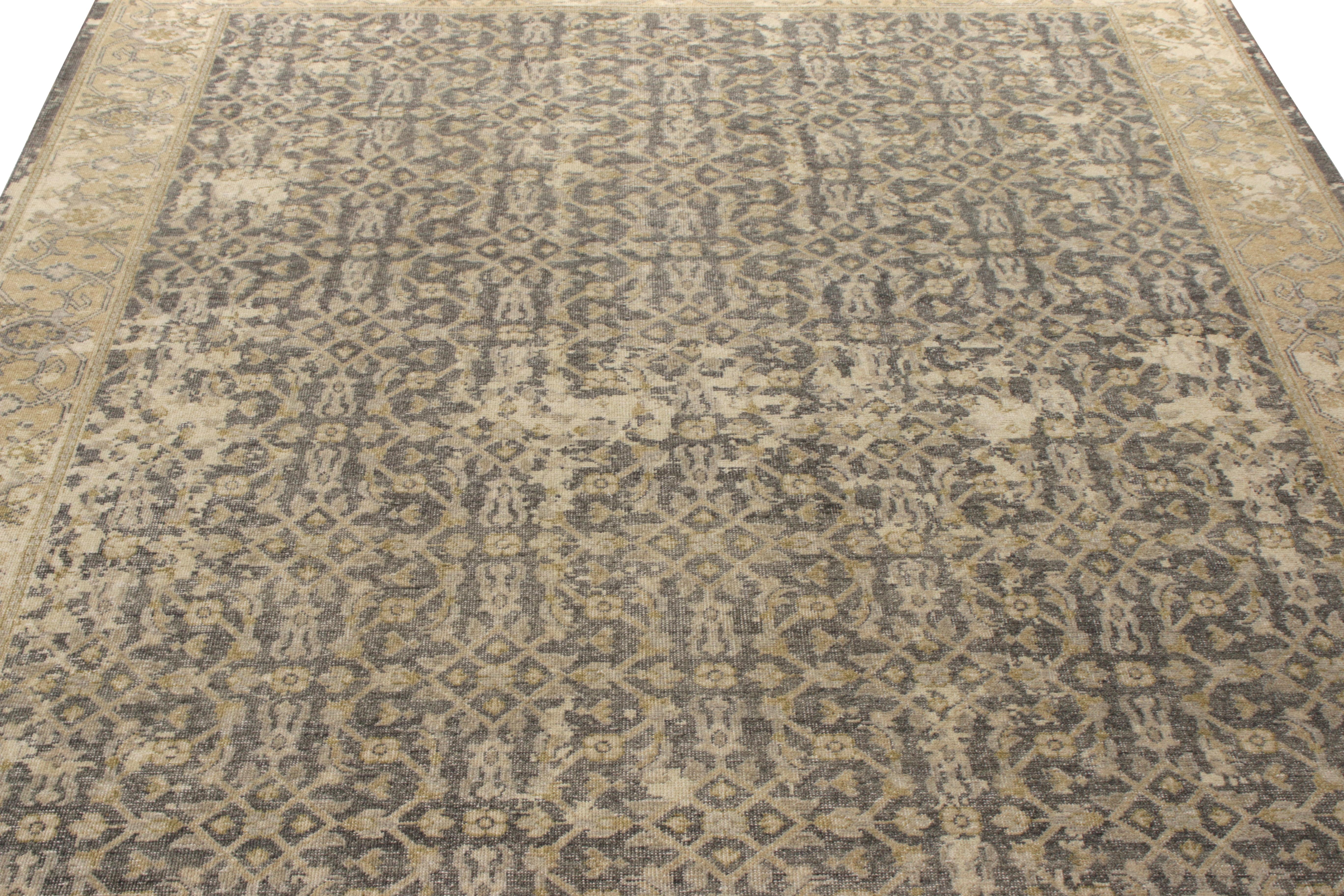 Hand knotted in fine quality yarn, Rug & Kilim presents a unique take in Distressed style from its exclusive Homage collection. Flourishing on a magnificent 9 X 12 scale in this edition, this custom rug design marks a shabby chic tone with touches