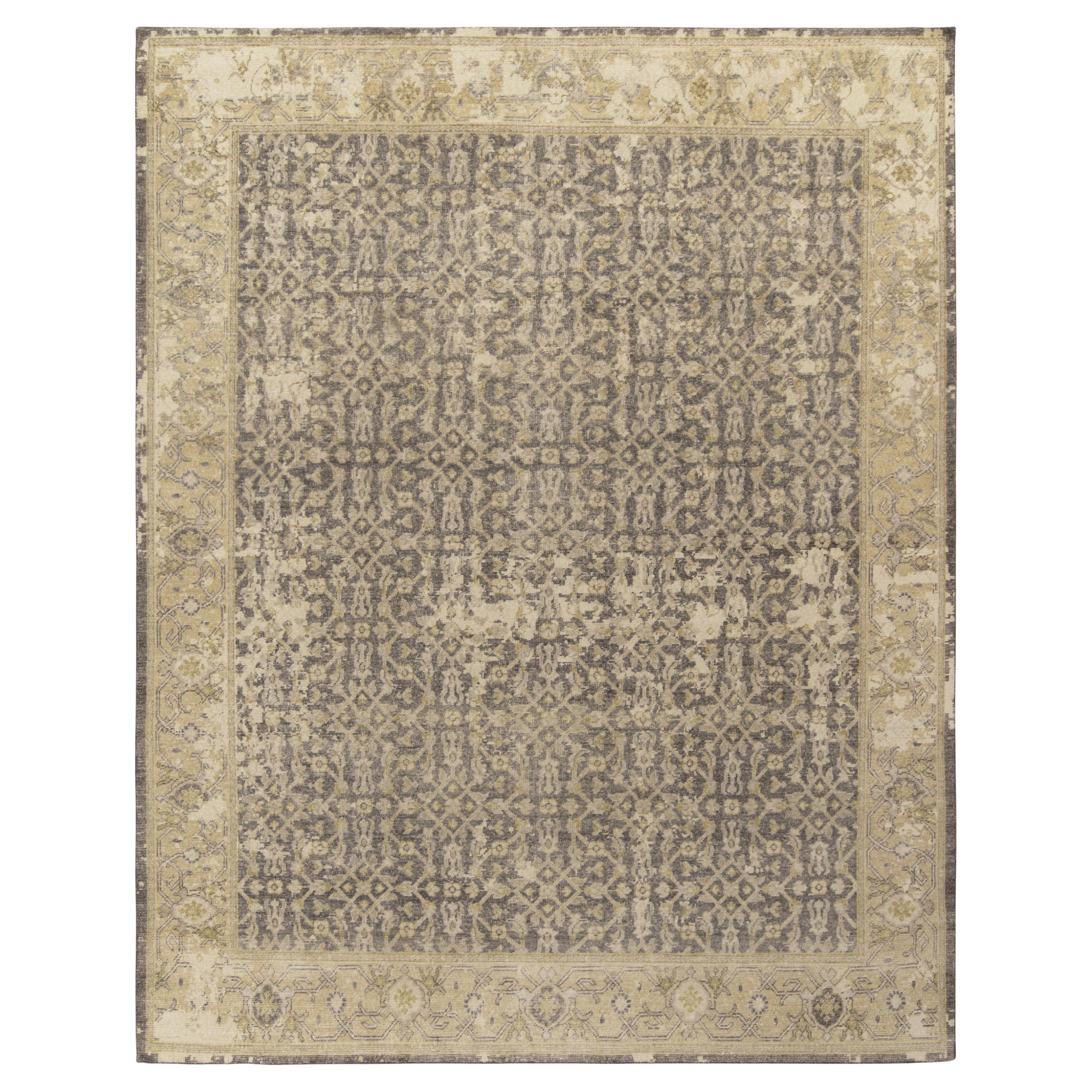 Rug & Kilim’s Distressed Classic Style Custom rug in Grey, Beige Herati Pattern For Sale