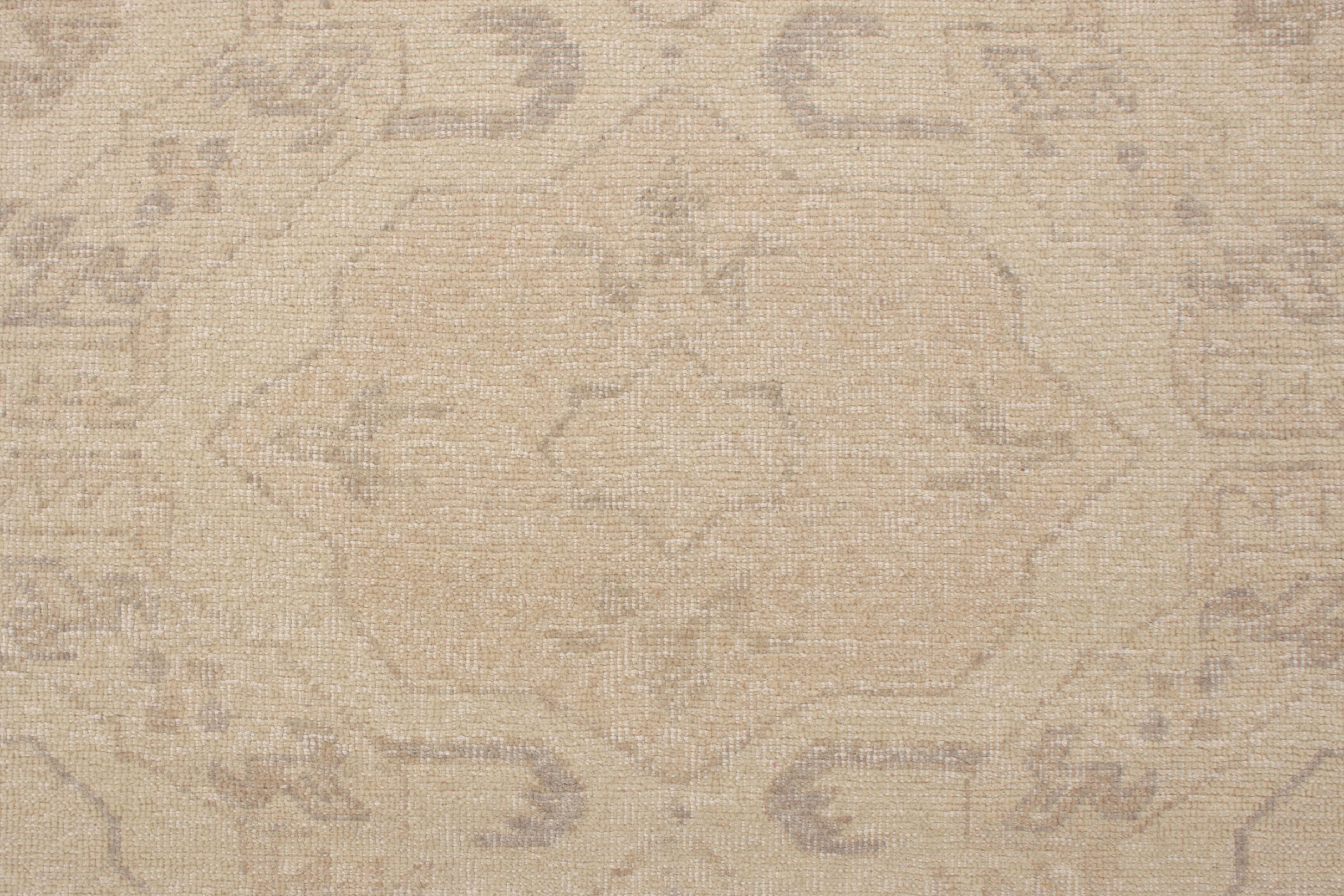 Indian Rug & Kilim’s Distressed Classic Style Rug in all over Beige Gray Geometric Patt For Sale