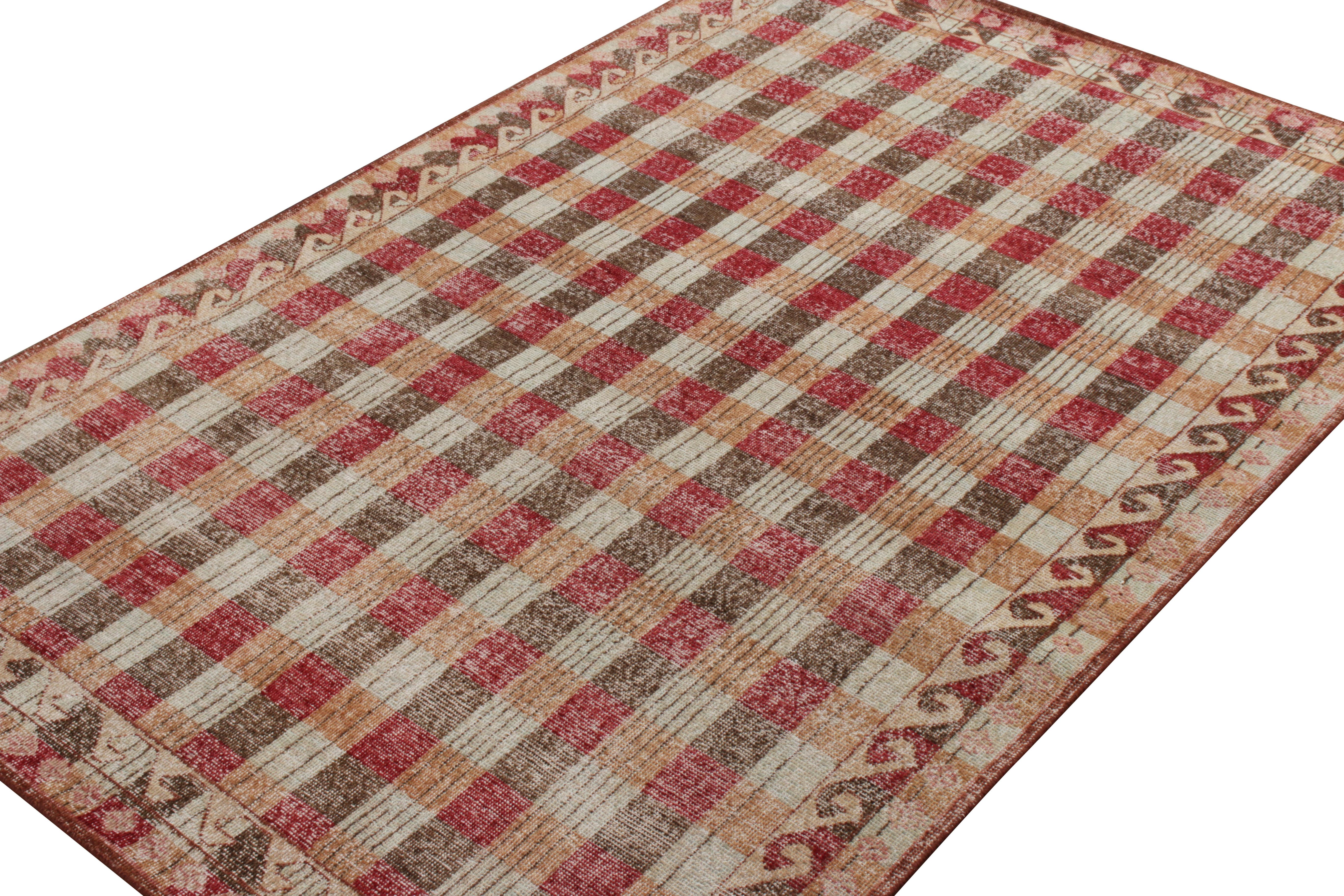 Other Rug & Kilim’s Distressed Classic Style Rug in Beige-Brown, Red Geometric Pattern For Sale