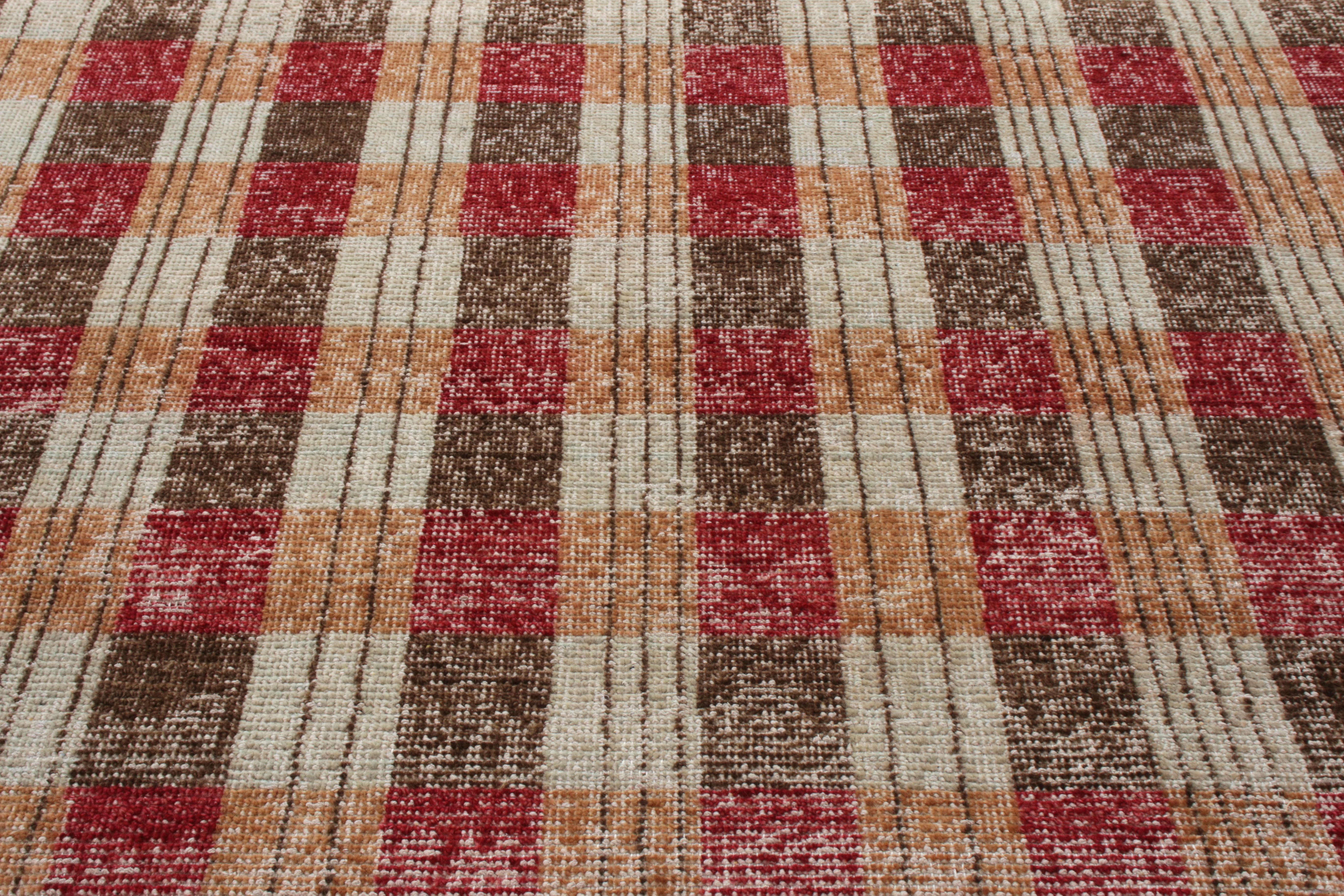 Indian Rug & Kilim’s Distressed Classic Style Rug in Beige-Brown, Red Geometric Pattern For Sale