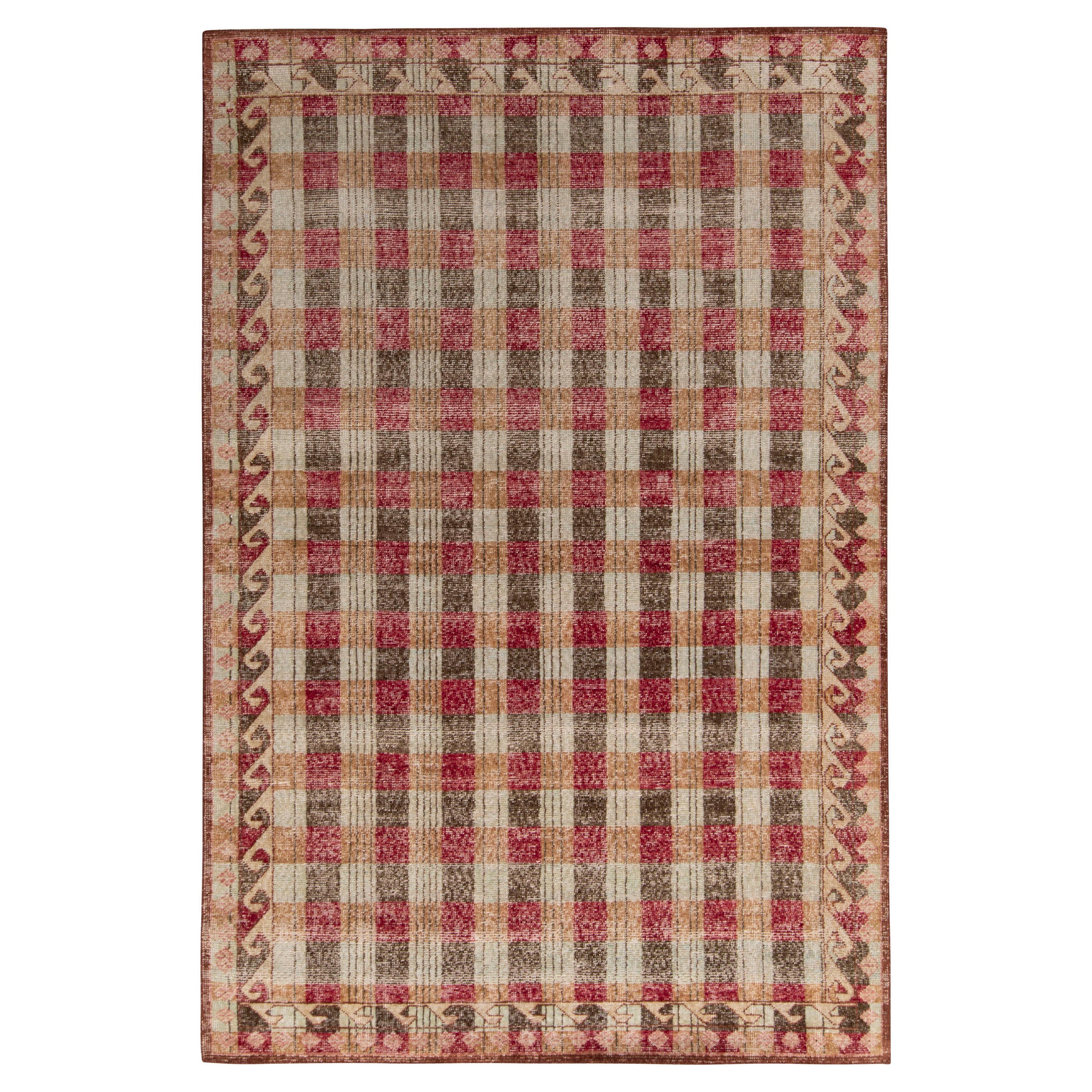 Rug & Kilim’s Distressed Classic Style Rug in Beige-Brown, Red Geometric Pattern For Sale