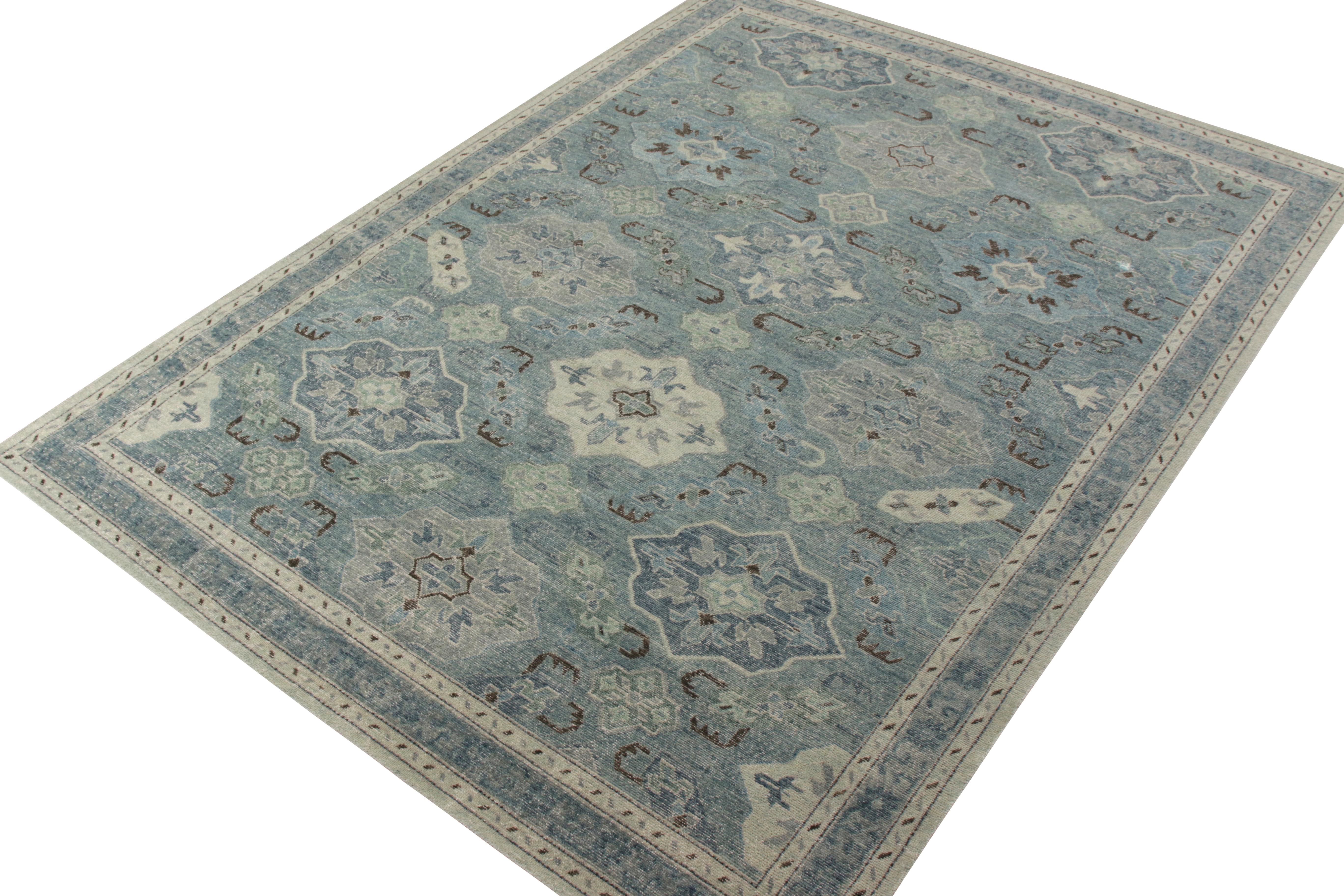 Khotan Rug & Kilim’s Distressed Classic Style Rug in Blue and Gray Geometric Pattern For Sale