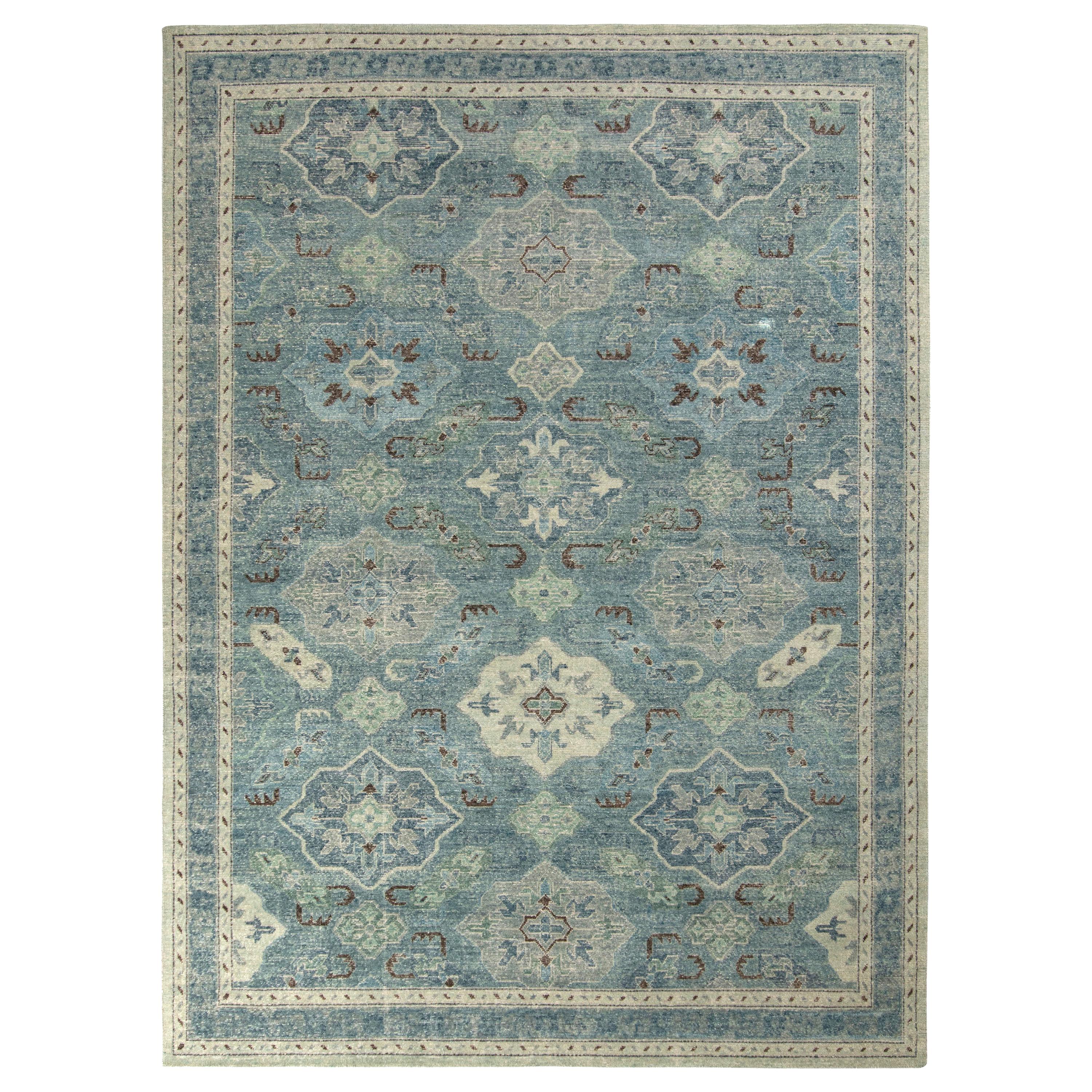 Rug & Kilim’s Distressed Classic Style Rug in Blue and Gray Geometric Pattern