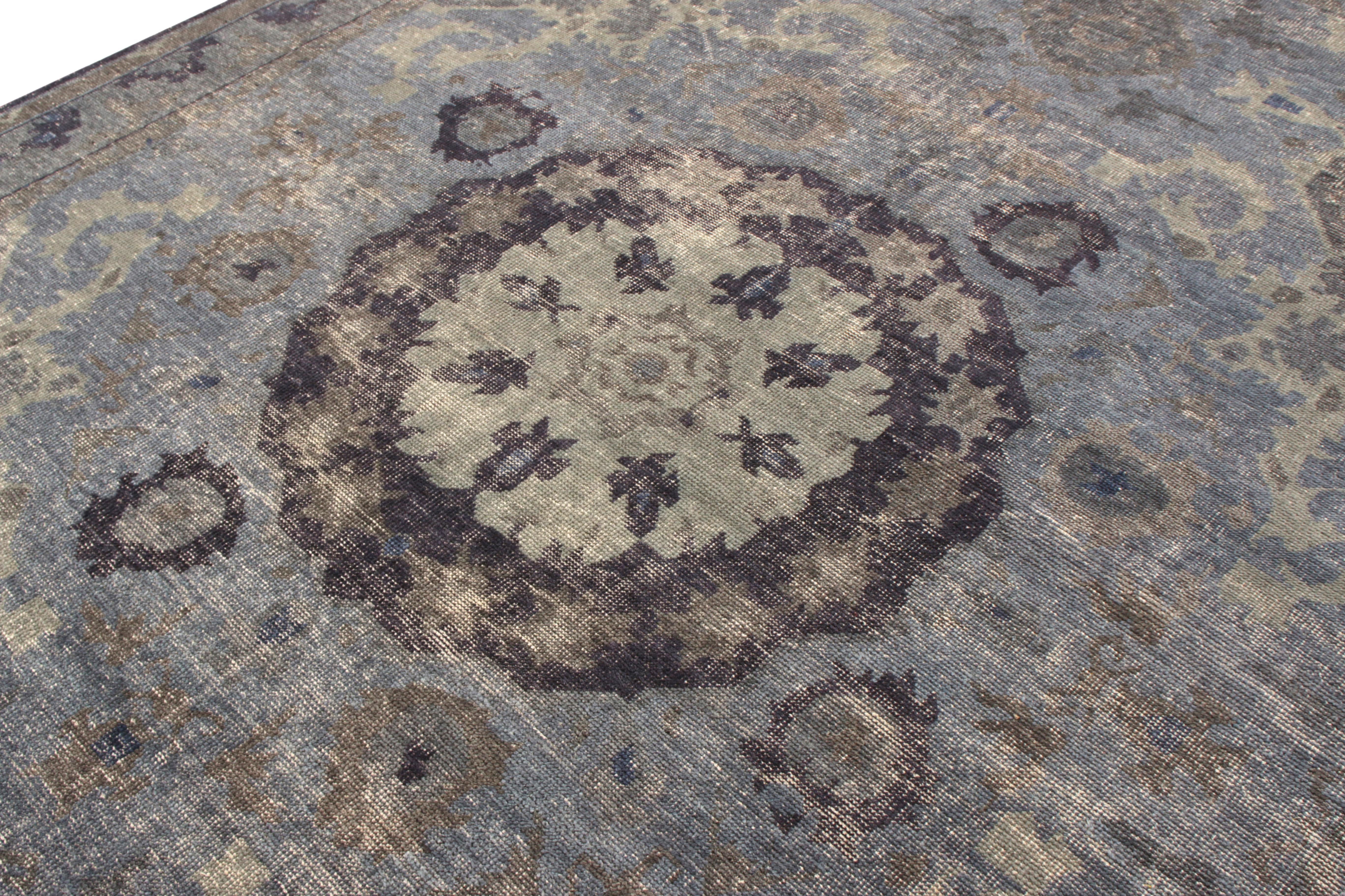 Other Rug & Kilim’s Distressed Classic Style Rug in Blue and Gray Medallion Pattern For Sale