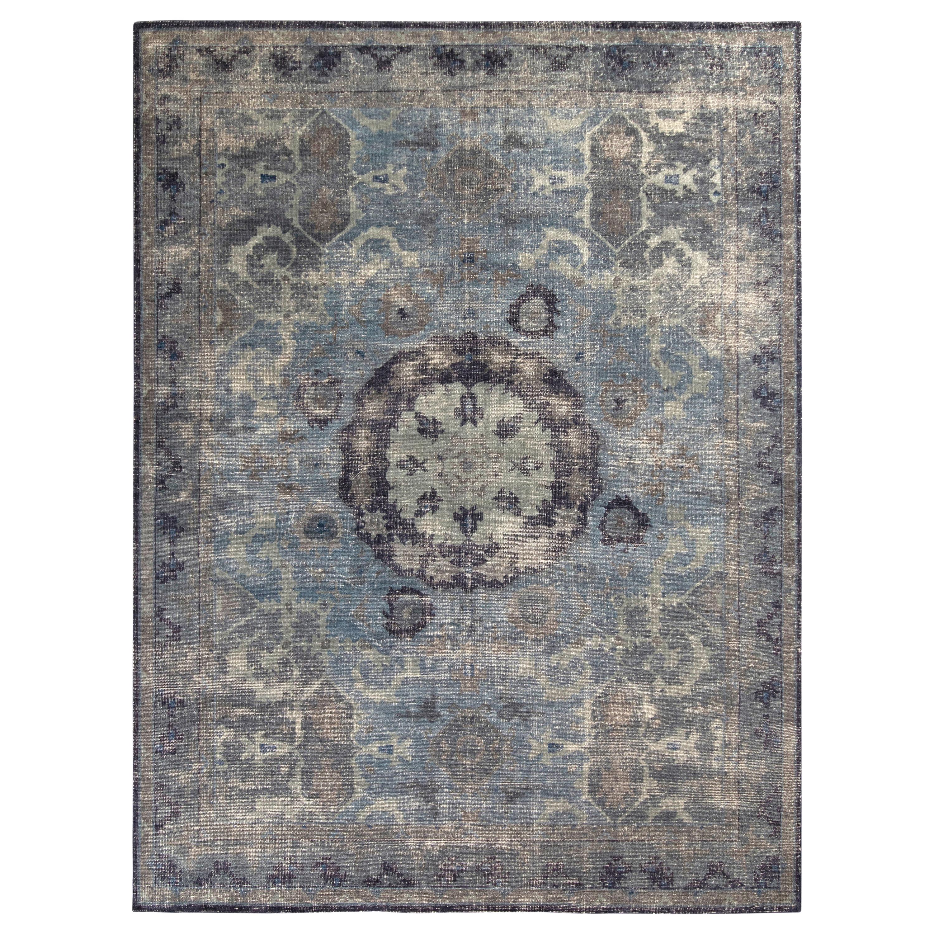 Rug & Kilim’s Distressed Classic Style Rug in Blue and Gray Medallion Pattern For Sale