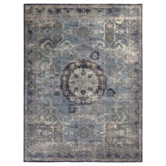 Rug & Kilim’s Distressed Classic Style Rug in Blue and Gray Medallion Pattern