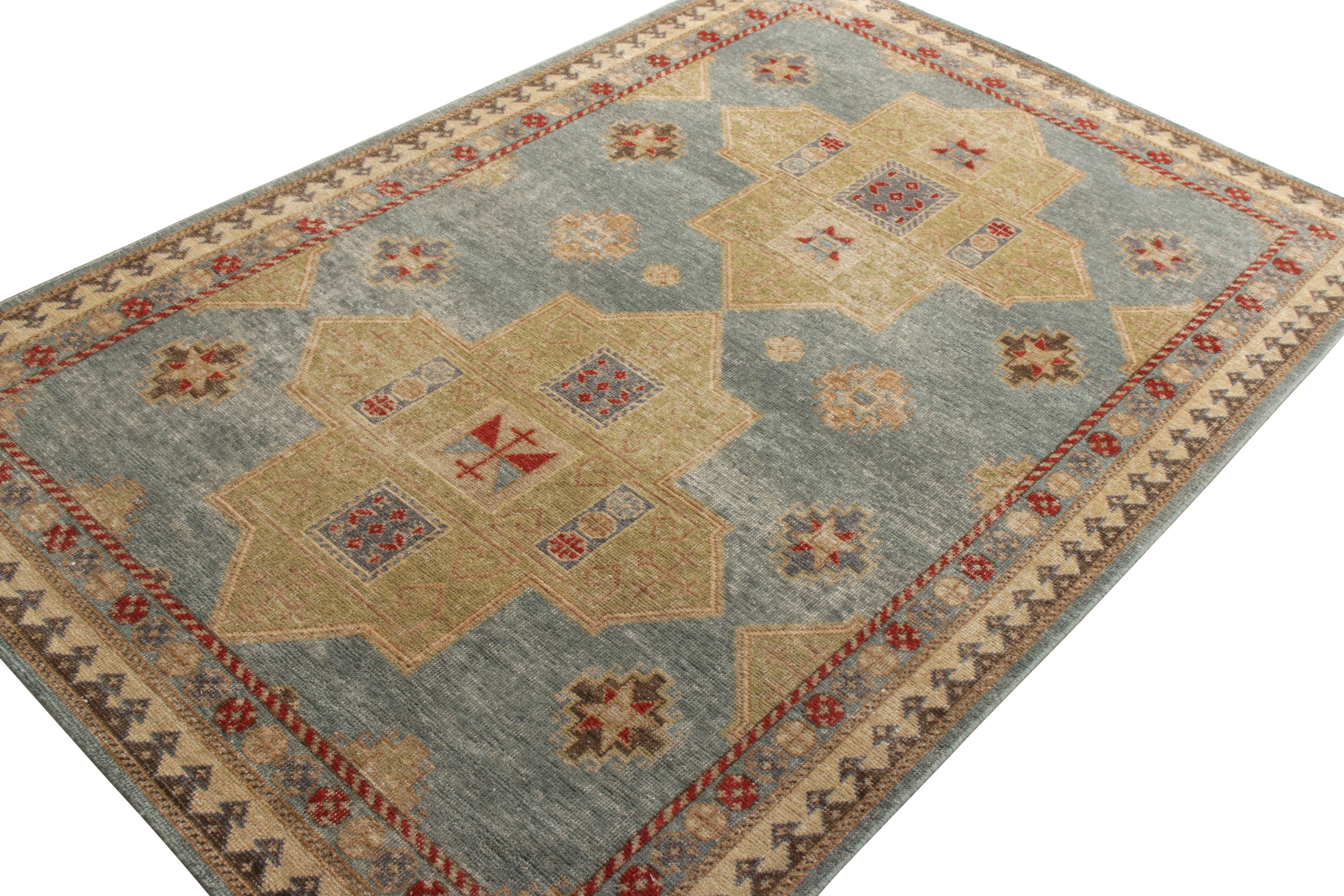 Other Rug & Kilim’s Distressed Classic Style Rug in Blue, Beige-Green Geometric Patter For Sale