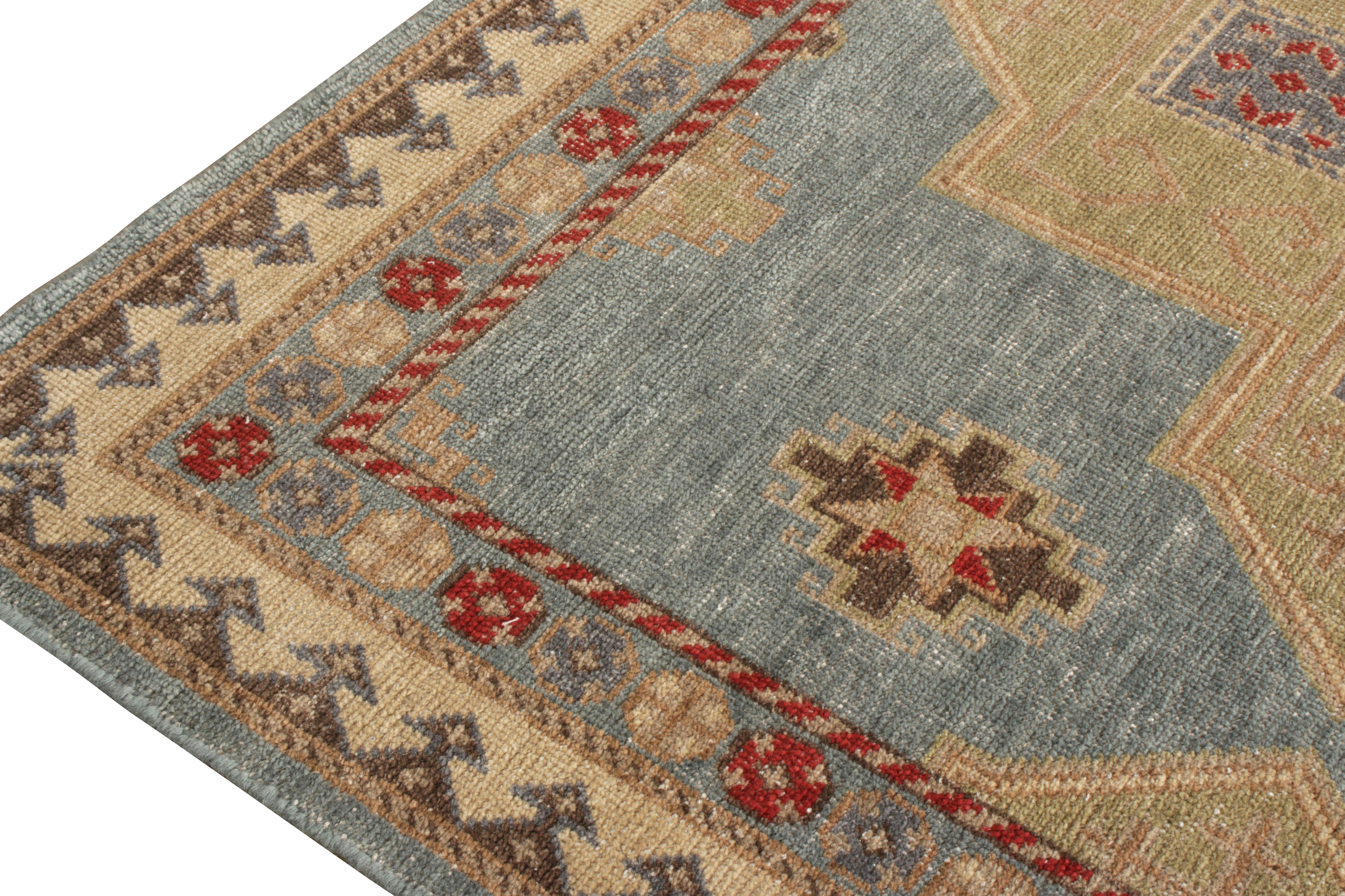 Indian Rug & Kilim’s Distressed Classic Style Rug in Blue, Beige-Green Geometric Patter For Sale