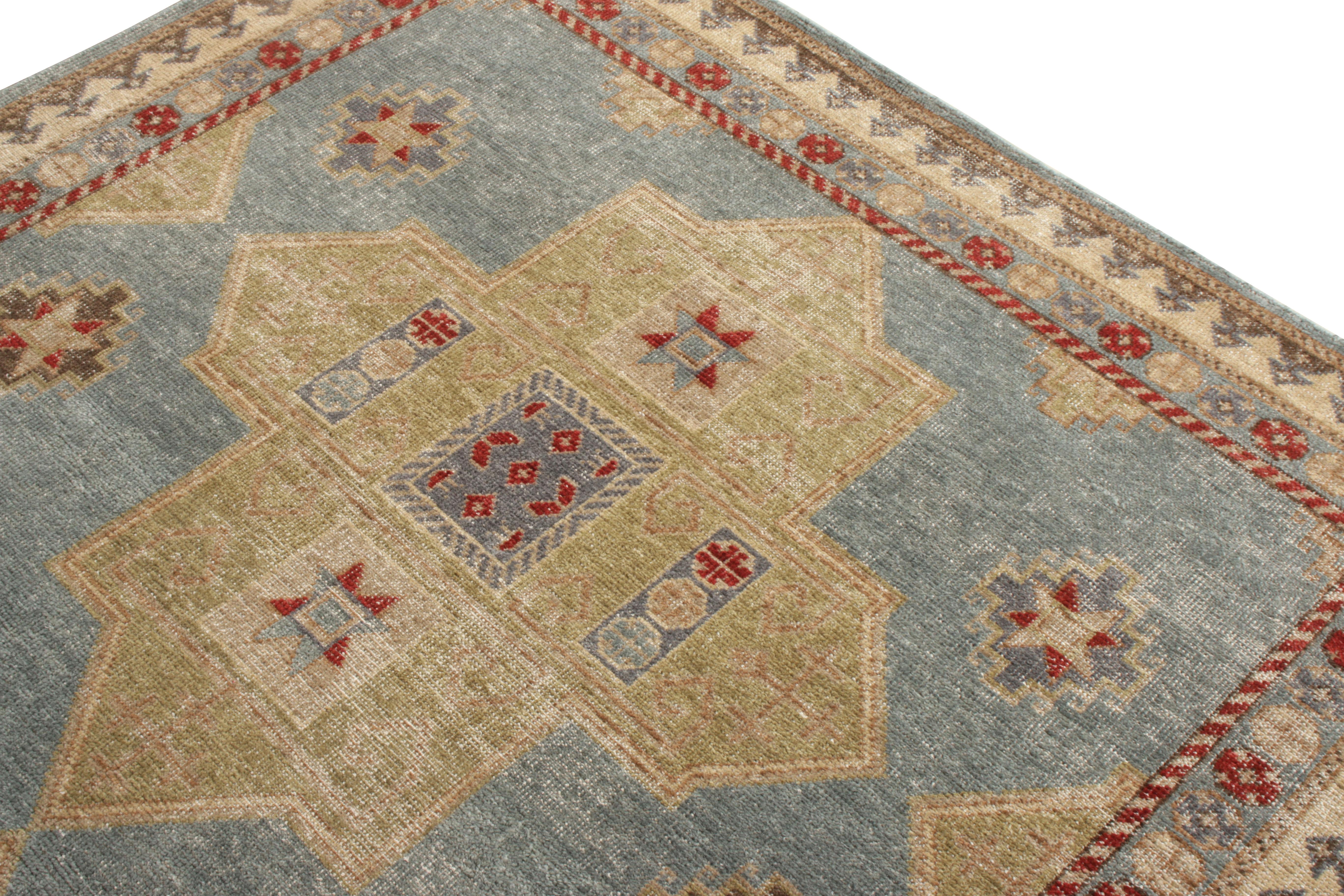 Hand-Knotted Rug & Kilim’s Distressed Classic Style Rug in Blue, Beige-Green Geometric Patter For Sale