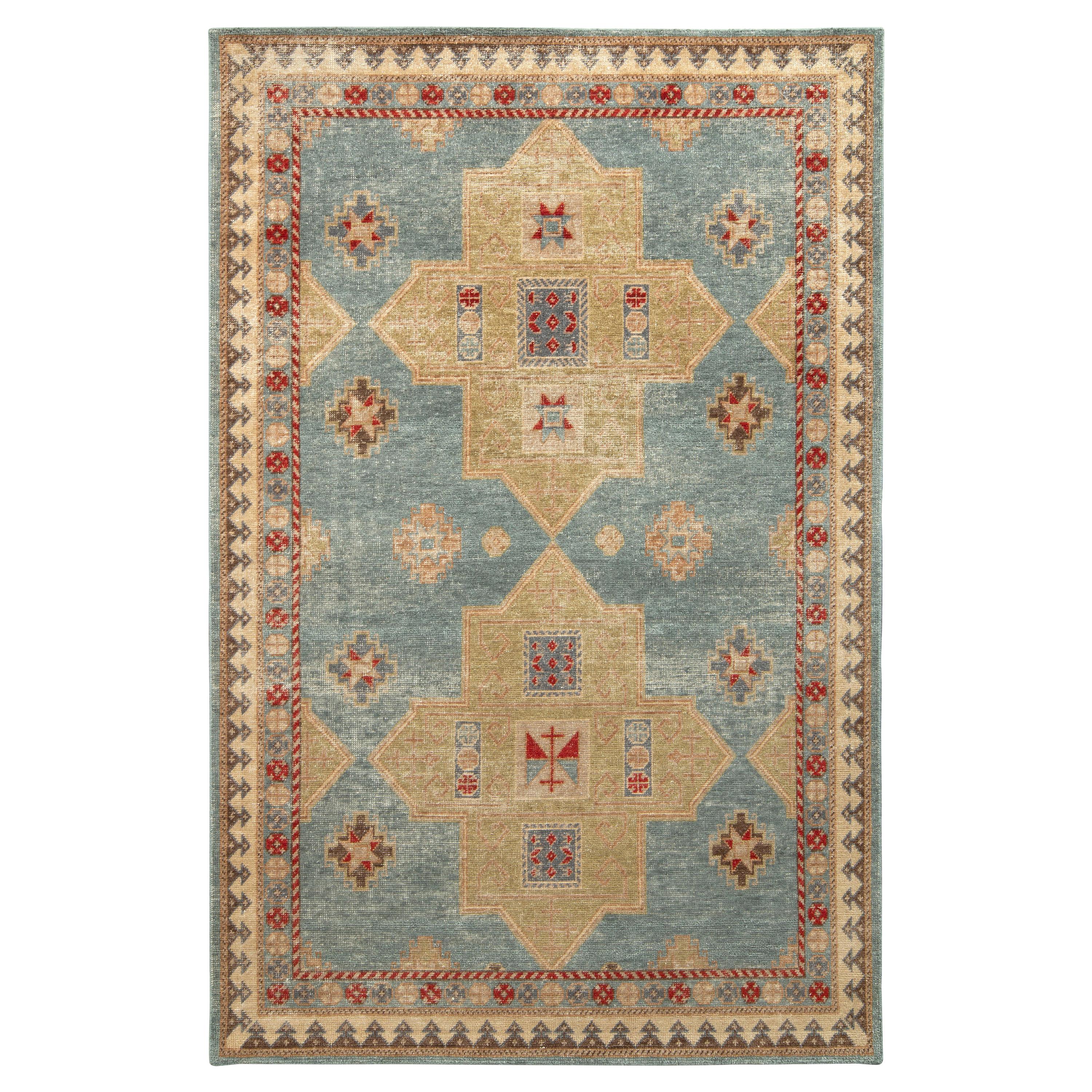 Rug & Kilim’s Distressed Classic Style Rug in Blue, Beige-Green Geometric Patter
