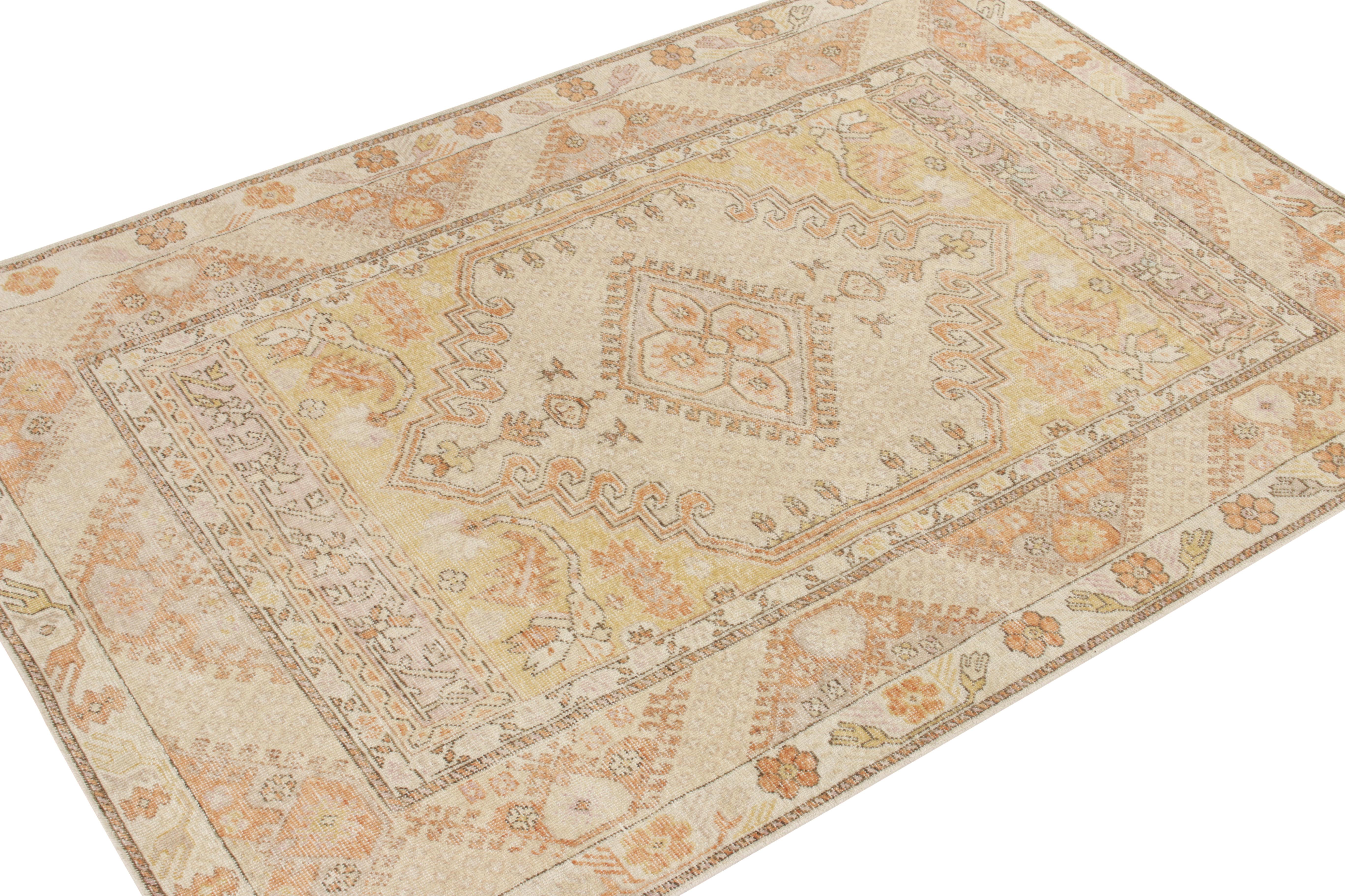 Tribal Rug & Kilim's Distressed Classic Style Rug in Cream, Orange Medallion Pattern For Sale