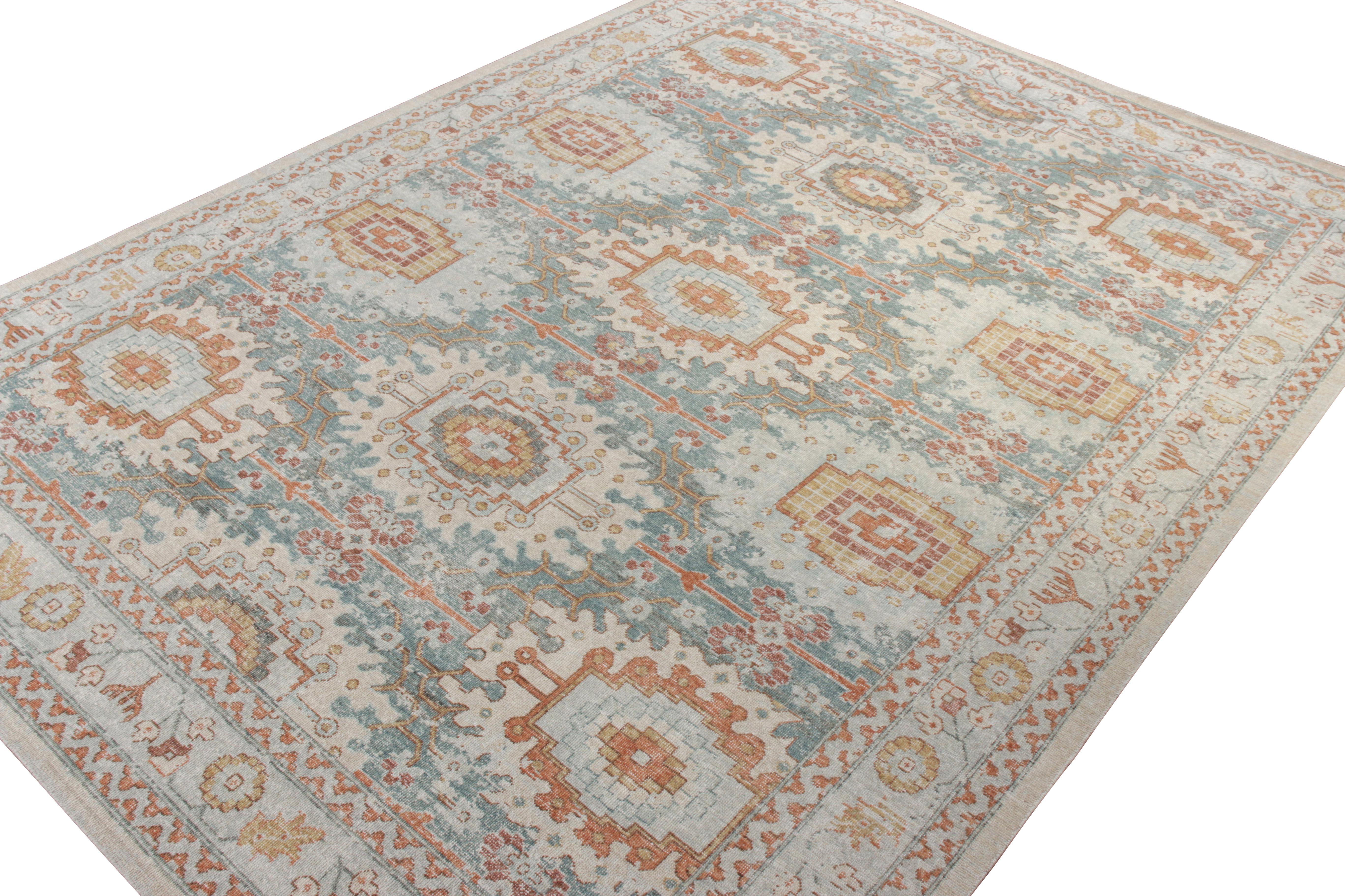 Other Rug & Kilim’s Distressed Classic Style Rug in Gray, Blue Geometric Pattern For Sale