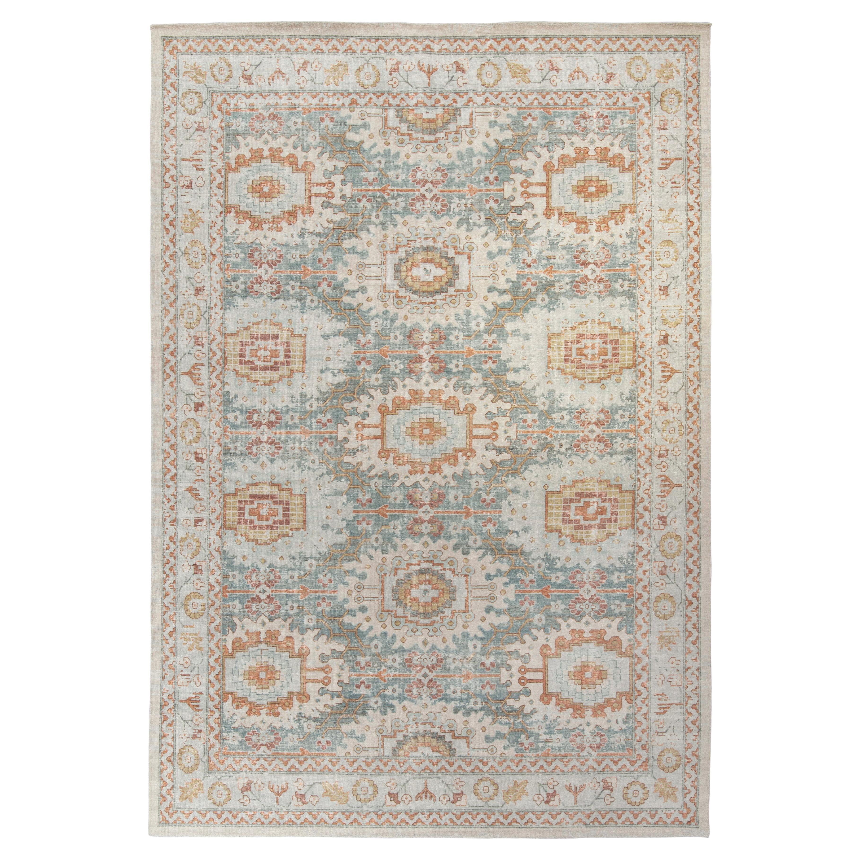 Rug & Kilim’s Distressed Classic Style Rug in Gray, Blue Geometric Pattern For Sale