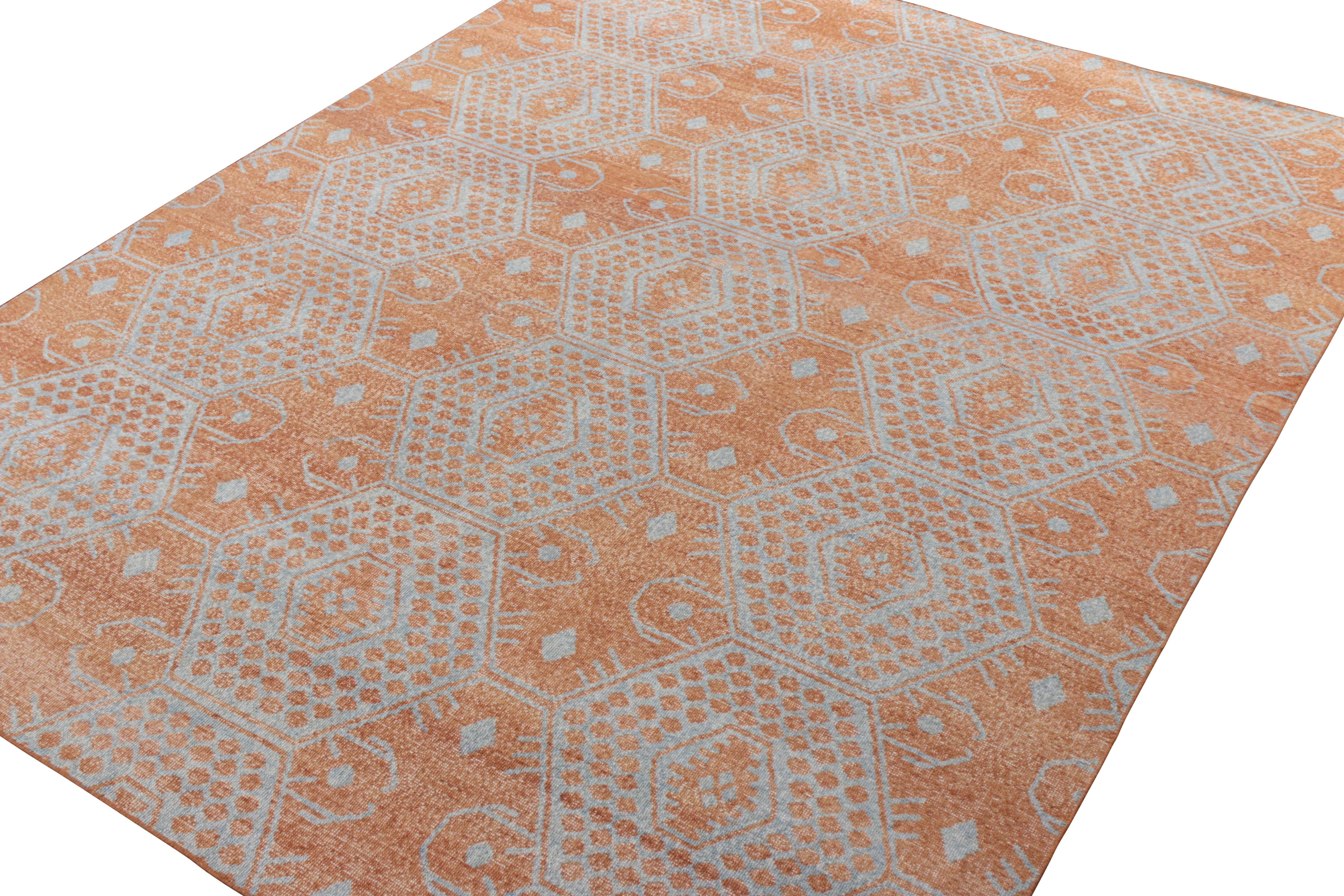Other Rug & Kilim’s Distressed Classic Style Rug in Orange, Blue Geometric Pattern For Sale