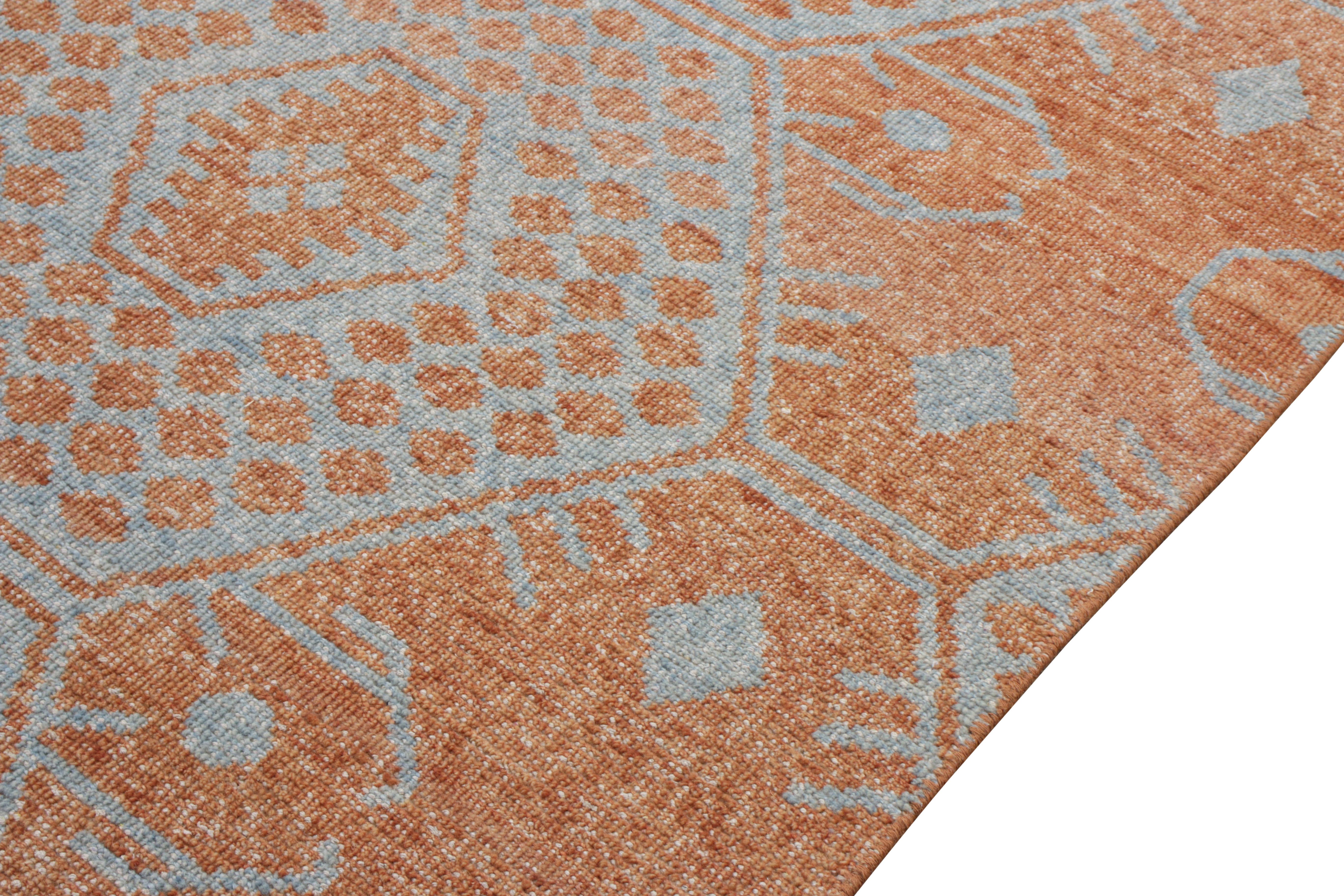 Indian Rug & Kilim’s Distressed Classic Style Rug in Orange, Blue Geometric Pattern For Sale